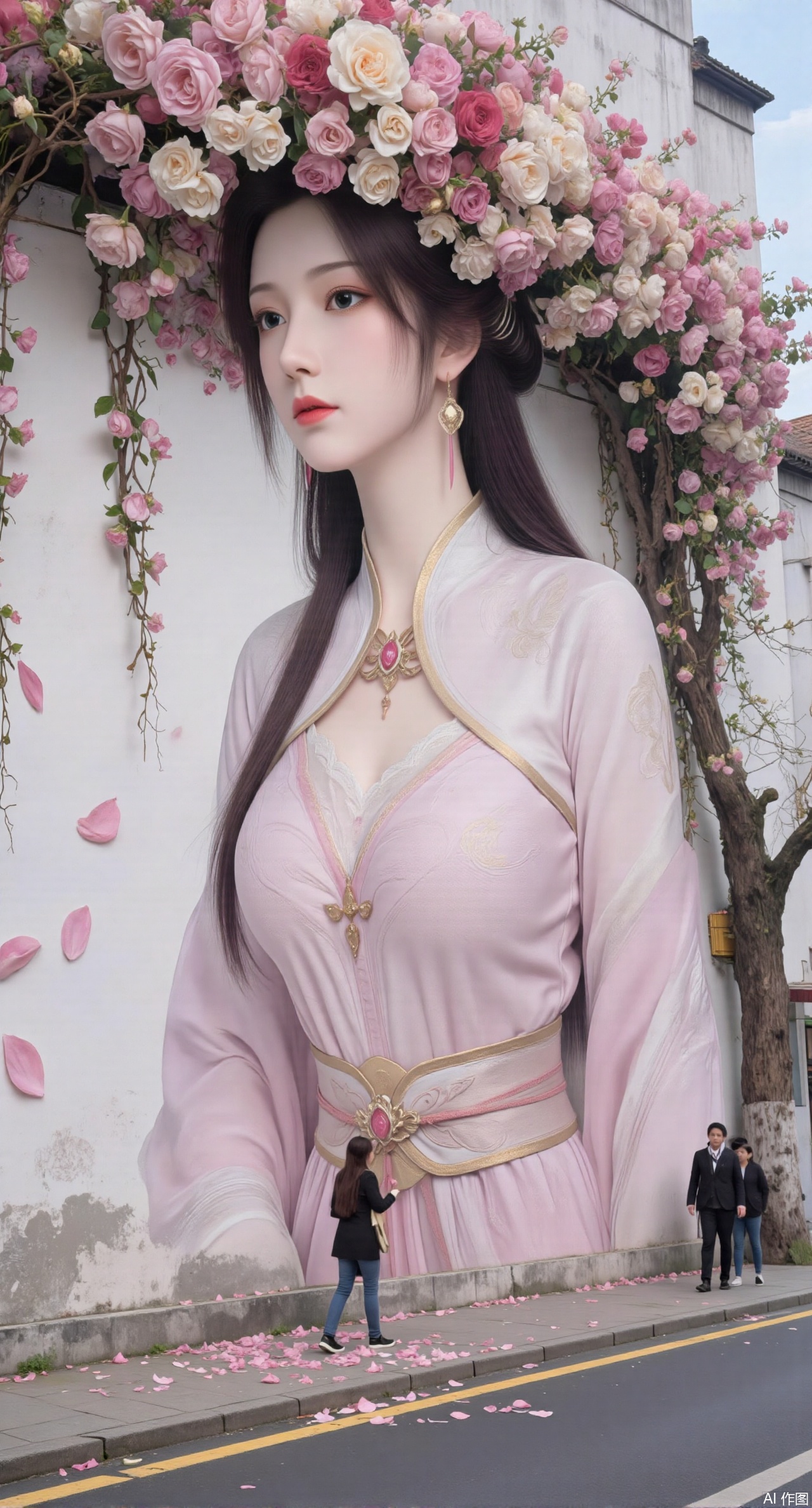 (masterpiece:1.2),best quality,On the front wall,the main body of the wall painting is a portrait of a beautiful woman with long flowing hair.hanfu girl,full body,The hair of the beautiful woman is composed of a large number of luxuriant roses. The flowers are dense and cover the top of the girls head. It seems that I have brought a gorgeous flower hat to the young girl. These flowers cover the whole wall densely. Dense long branches hang down and many petals fall on the ground. The details of the flowers are lifelike,the roots are on one side,the far view is deep,the wide angle is super wide,the real photos,the realistic style,the 32k super clear,and the colors are gorgeous,,XyunyunXY,Xmeining,Xjiangziyue,Xweinina,Xyunxiao,Xxiaoqingxue,Xlenhuan,Xhuajin,Xgufenghuaqiang