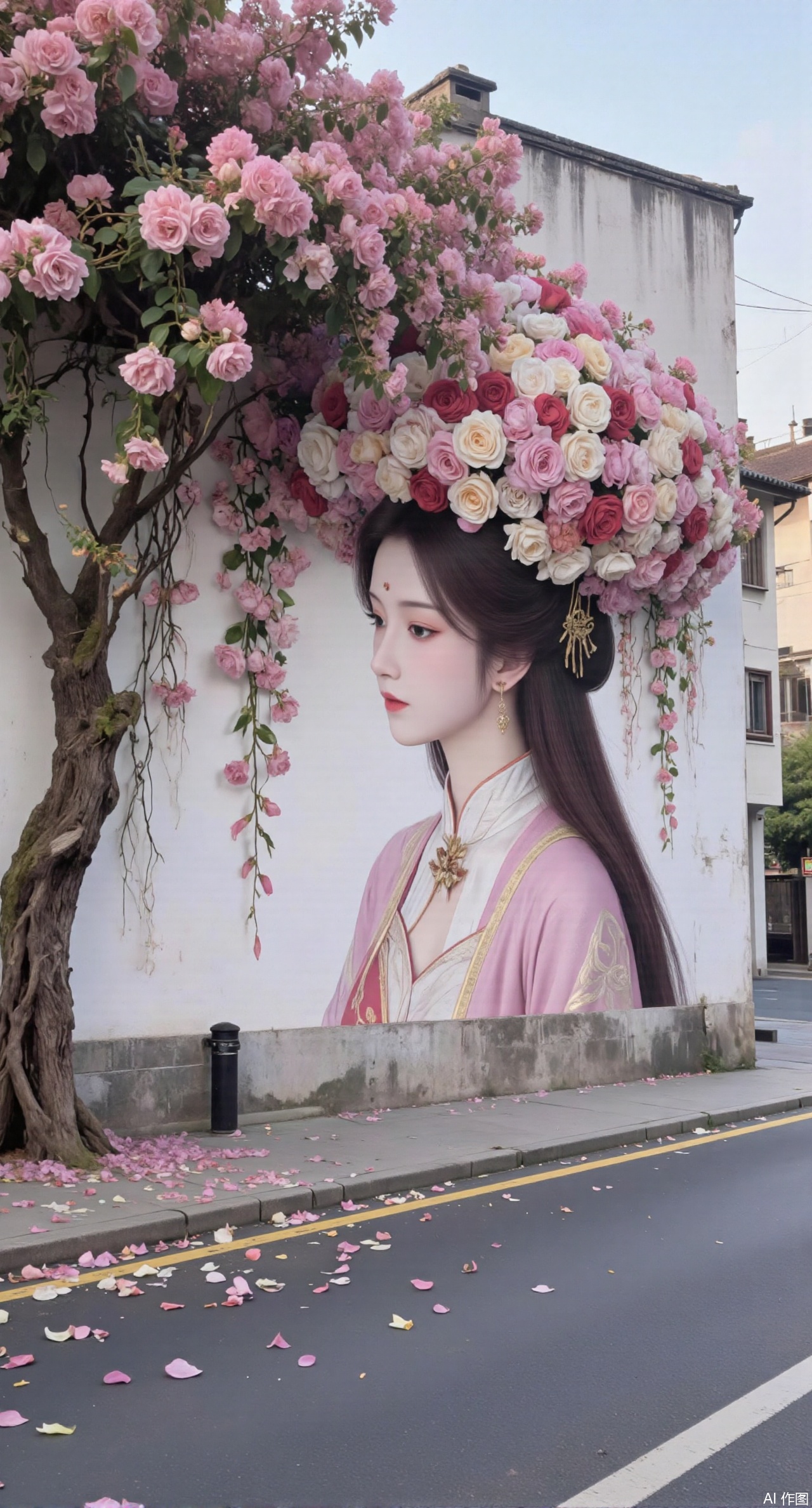 (masterpiece:1.2),best quality,On the front wall,the main body of the wall painting is a portrait of a beautiful woman with long flowing hair.hanfu girl,full body,The hair of the beautiful woman is composed of a large number of luxuriant roses. The flowers are dense and cover the top of the girls head. It seems that I have brought a gorgeous flower hat to the young girl. These flowers cover the whole wall densely. Dense long branches hang down and many petals fall on the ground. The details of the flowers are lifelike,the roots are on one side,the far view is deep,the wide angle is super wide,the real photos,the realistic style,the 32k super clear,and the colors are gorgeous,,XyunyunXY,Xmeining,Xjiangziyue,Xweinina,Xyunxiao,Xxiaoqingxue,Xlenhuan,Xhuajin,Xgufenghuaqiang