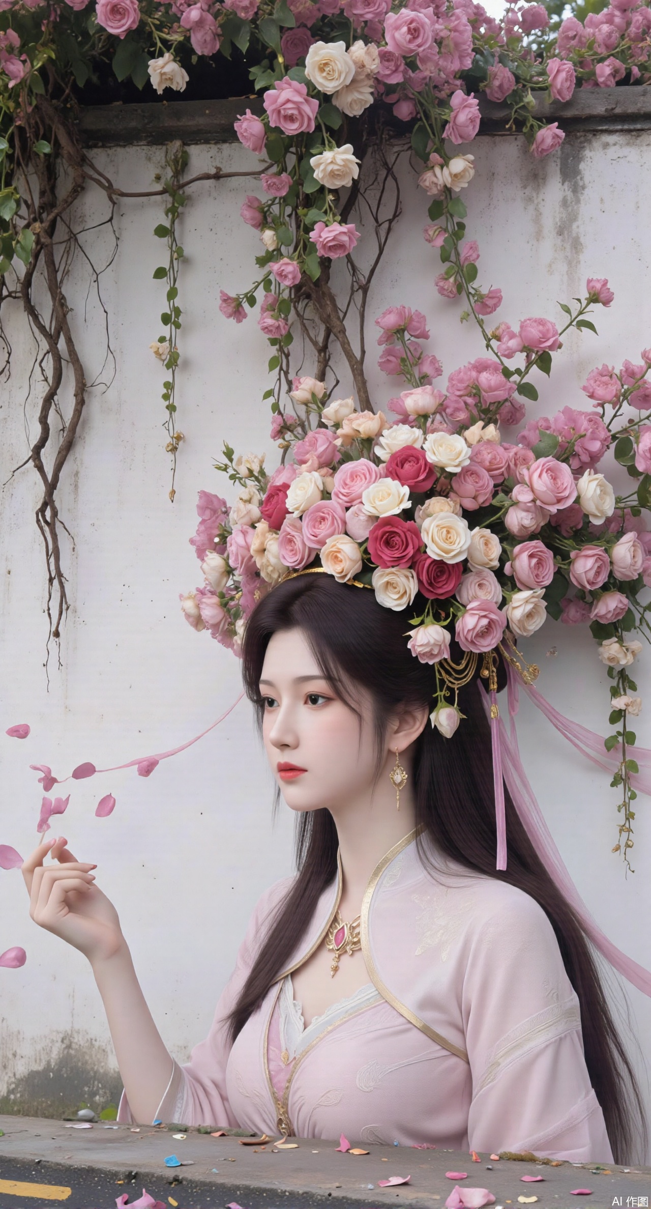 (masterpiece:1.2),best quality,On the front wall,the main body of the wall painting is a portrait of a beautiful woman with long flowing hair.hanfu girl,full body,The hair of the beautiful woman is composed of a large number of luxuriant roses. The flowers are dense and cover the top of the girls head. It seems that I have brought a gorgeous flower hat to the young girl. These flowers cover the whole wall densely. Dense long branches hang down and many petals fall on the ground. The details of the flowers are lifelike,the roots are on one side,the far view is deep,the wide angle is super wide,the real photos,the realistic style,the 32k super clear,and the colors are gorgeous,,XyunyunXY,Xmeining,Xjiangziyue,Xweinina,Xyunxiao,Xxiaoqingxue,Xlenhuan,Xhuajin,Xgufenghuaqiang