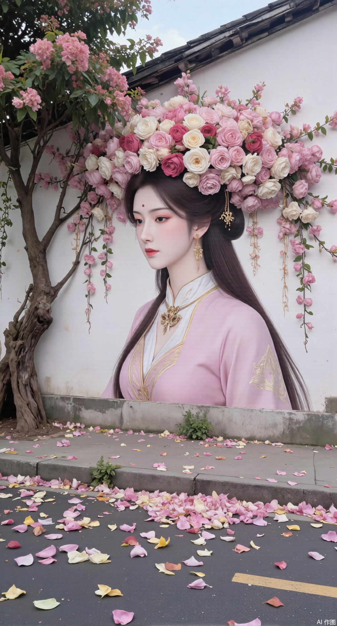 (masterpiece:1.2),best quality,On the front wall,the main body of the wall painting is a portrait of a beautiful woman with long flowing hair.hanfu girl,full body,The hair of the beautiful woman is composed of a large number of luxuriant roses. The flowers are dense and cover the top of the girls head. It seems that I have brought a gorgeous flower hat to the young girl. These flowers cover the whole wall densely. Dense long branches hang down and many petals fall on the ground. The details of the flowers are lifelike,the roots are on one side,the far view is deep,the wide angle is super wide,the real photos,the realistic style,the 32k super clear,and the colors are gorgeous,,XyunyunXY,Xmeining,Xjiangziyue,Xweinina,Xyunxiao,Xxiaoqingxue,Xlenhuan,Xhuajin,Xgufenghuaqiang