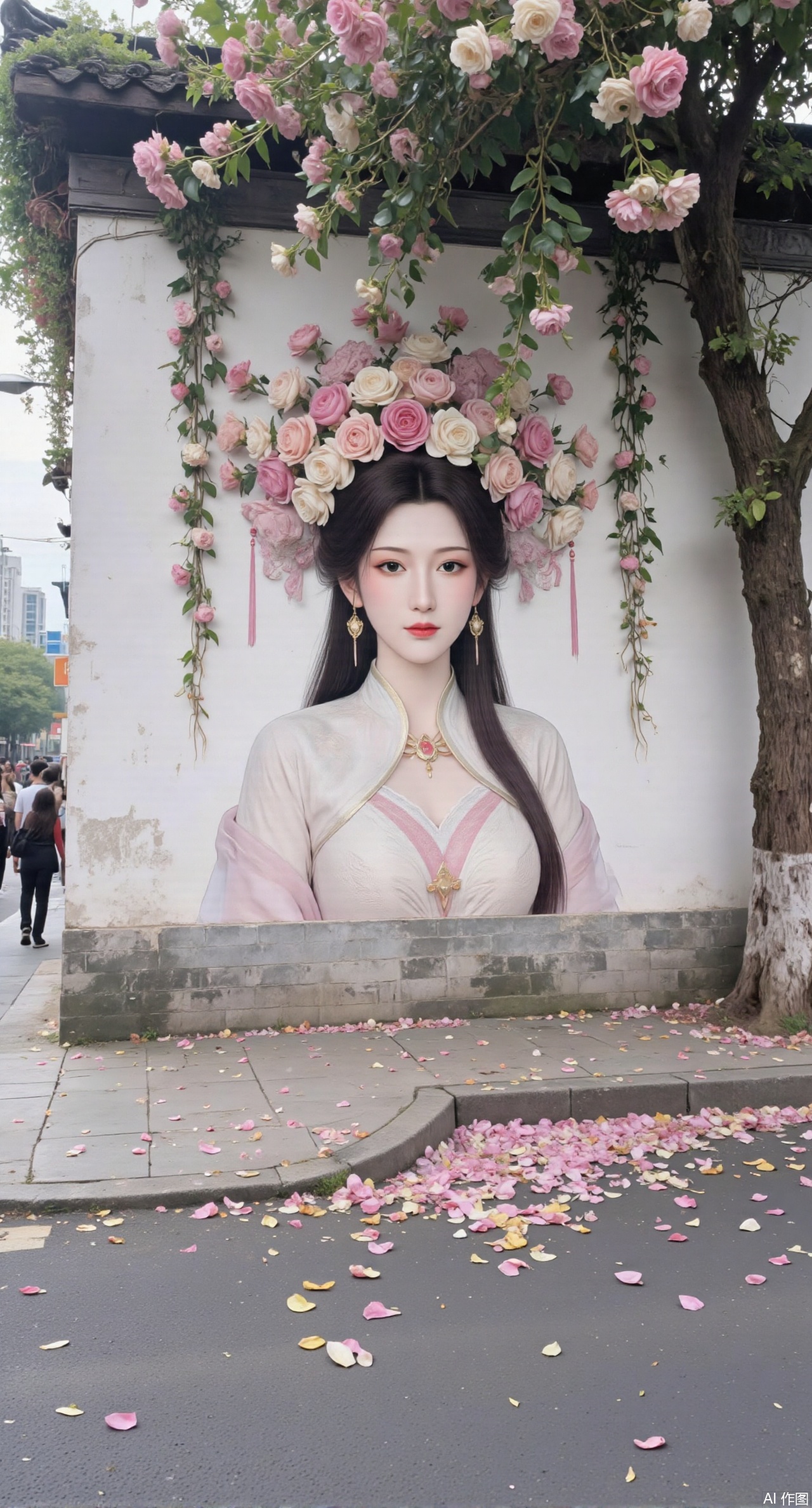 (masterpiece:1.2),best quality,On the front wall,the main body of the wall painting is a portrait of a beautiful woman with long flowing hair.hanfu girl,full body,The hair of the beautiful woman is composed of a large number of luxuriant roses. The flowers are dense and cover the top of the girls head. It seems that I have brought a gorgeous flower hat to the young girl. These flowers cover the whole wall densely. Dense long branches hang down and many petals fall on the ground. The details of the flowers are lifelike,the roots are on one side,the far view is deep,the wide angle is super wide,the real photos,the realistic style,the 32k super clear,and the colors are gorgeous,,XyunyunXY,Xmeining,Xjiangziyue,Xweinina,Xyunxiao,Xxiaoqingxue,Xlenhuan,Xhuajin,Xgufenghuaqiang