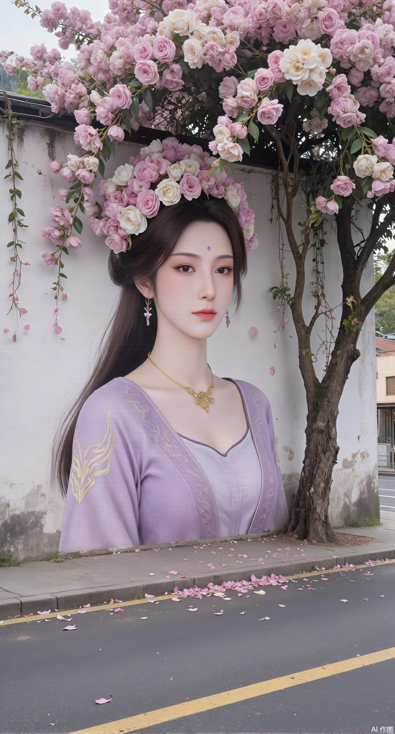 (masterpiece:1.2),best quality,On the front wall,the main body of the wall painting is a portrait of a beautiful woman with long flowing hair.hanfu girl,full body,The hair of the beautiful woman is composed of a large number of luxuriant roses. The flowers are dense and cover the top of the girls head. It seems that I have brought a gorgeous flower hat to the young girl. These flowers cover the whole wall densely. Dense long branches hang down and many petals fall on the ground. The details of the flowers are lifelike,the roots are on one side,the far view is deep,the wide angle is super wide,the real photos,the realistic style,the 32k super clear,and the colors are gorgeous,,XyunyunXY,Xmeining,Xjiangziyue,Xweinina,Xyunxiao,Xxiaoqingxue,Xlenhuan,Xhuajin,Xgufenghuaqiang,XzixiaY