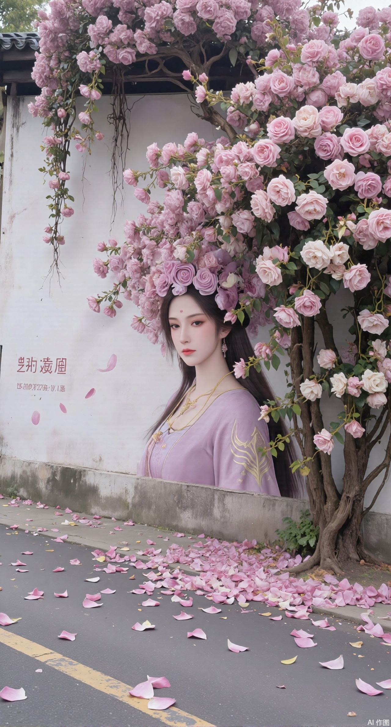(masterpiece:1.2),best quality,On the front wall,the main body of the wall painting is a portrait of a beautiful woman with long flowing hair.hanfu girl,full body,The hair of the beautiful woman is composed of a large number of luxuriant roses. The flowers are dense and cover the top of the girls head. It seems that I have brought a gorgeous flower hat to the young girl. These flowers cover the whole wall densely. Dense long branches hang down and many petals fall on the ground. The details of the flowers are lifelike,the roots are on one side,the far view is deep,the wide angle is super wide,the real photos,the realistic style,the 32k super clear,and the colors are gorgeous,,XyunyunXY,Xmeining,Xjiangziyue,Xweinina,Xyunxiao,Xxiaoqingxue,Xlenhuan,Xhuajin,Xgufenghuaqiang,XzixiaY