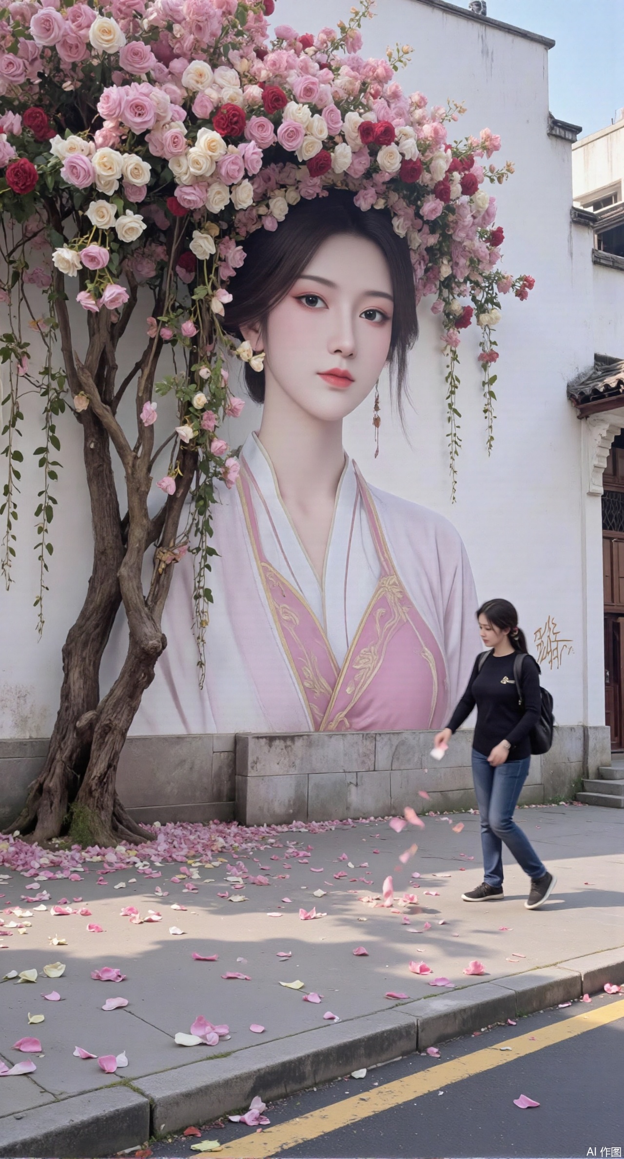 (masterpiece:1.2),best quality,On the front wall,the main body of the wall painting is a portrait of a beautiful woman with long flowing hair.hanfu girl,full body,The hair of the beautiful woman is composed of a large number of luxuriant roses. The flowers are dense and cover the top of the girls head. It seems that I have brought a gorgeous flower hat to the young girl. These flowers cover the whole wall densely. Dense long branches hang down and many petals fall on the ground. The details of the flowers are lifelike,the roots are on one side,the far view is deep,the wide angle is super wide,the real photos,the realistic style,the 32k super clear,and the colors are gorgeous,,XyunyunXY,Xmeining,Xjiangziyue,Xweinina,Xyunxiao,Xxiaoqingxue,Xlenhuan,Xhuajin,Xgufenghuaqiang