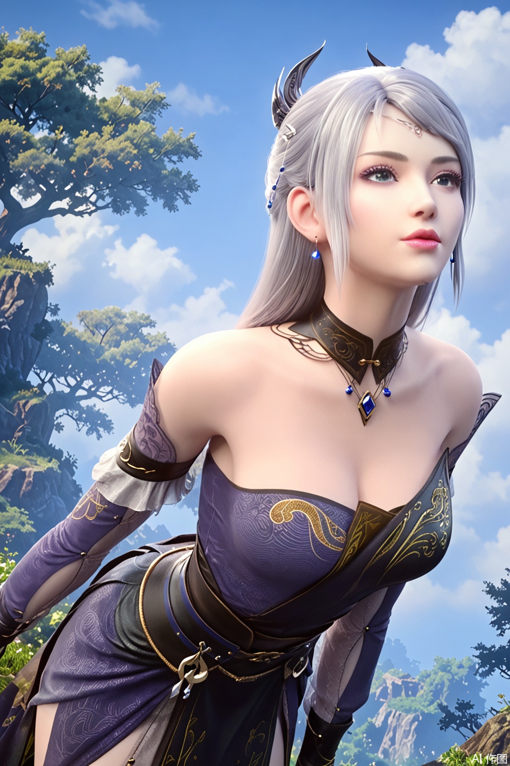 score_9_up,score_8_up,1girl, solo, long hair, breasts, dress, cleavage, bare shoulders, jewelry, earrings, detached sleeves, sky, cloud, tree, lips, grey eyes, leaning forward, realistic,LuoLi