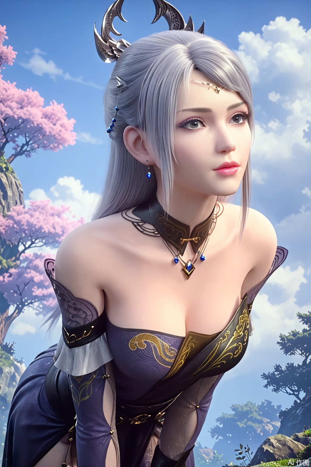score_9_up,score_8_up,1girl, solo, long hair, breasts, dress, cleavage, bare shoulders, jewelry, earrings, detached sleeves, sky, cloud, tree, lips, grey eyes, leaning forward, realistic,LuoLi