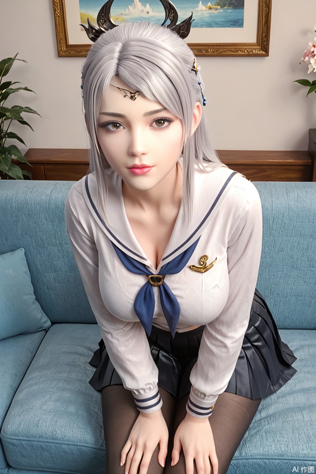 score_9_up,score_8_up,1girl, solo, long hair, big breasts,( white sailor_shirt:1.3 ),(black pleated_skirt:1.3) ,indoor,looking at viewer, brown eyes, lips, sitting,couch,black pantyhose,hair ornament, grey eyes, leaning forward, realistic,LuoLi