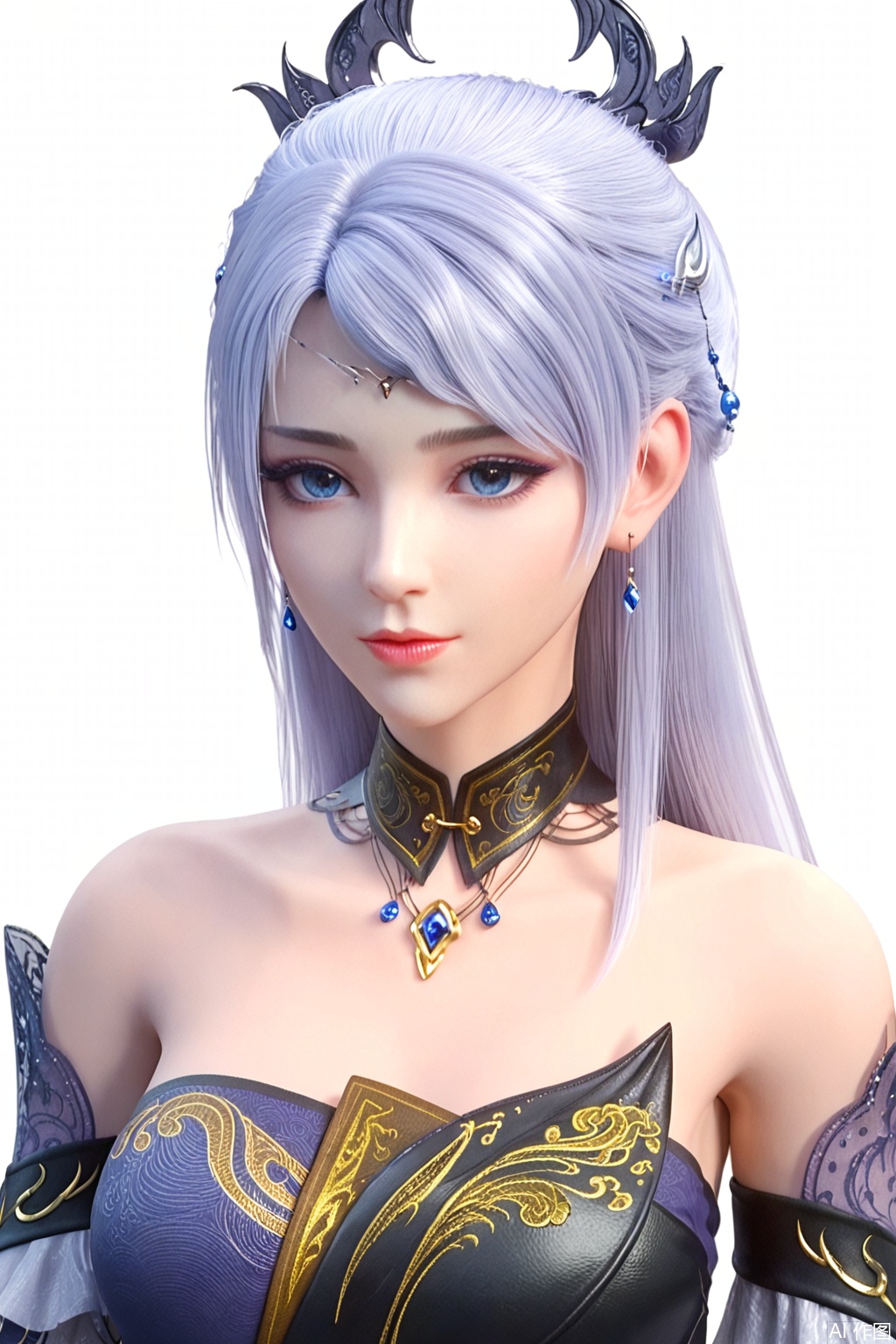 score_9_up,score_8_up,1girl, solo, long hair, breasts, blue eyes, simple background, hair ornament, white background, dress, bare shoulders, jewelry, upper body, earrings, detached sleeves, strapless, detached collar,LuoLi