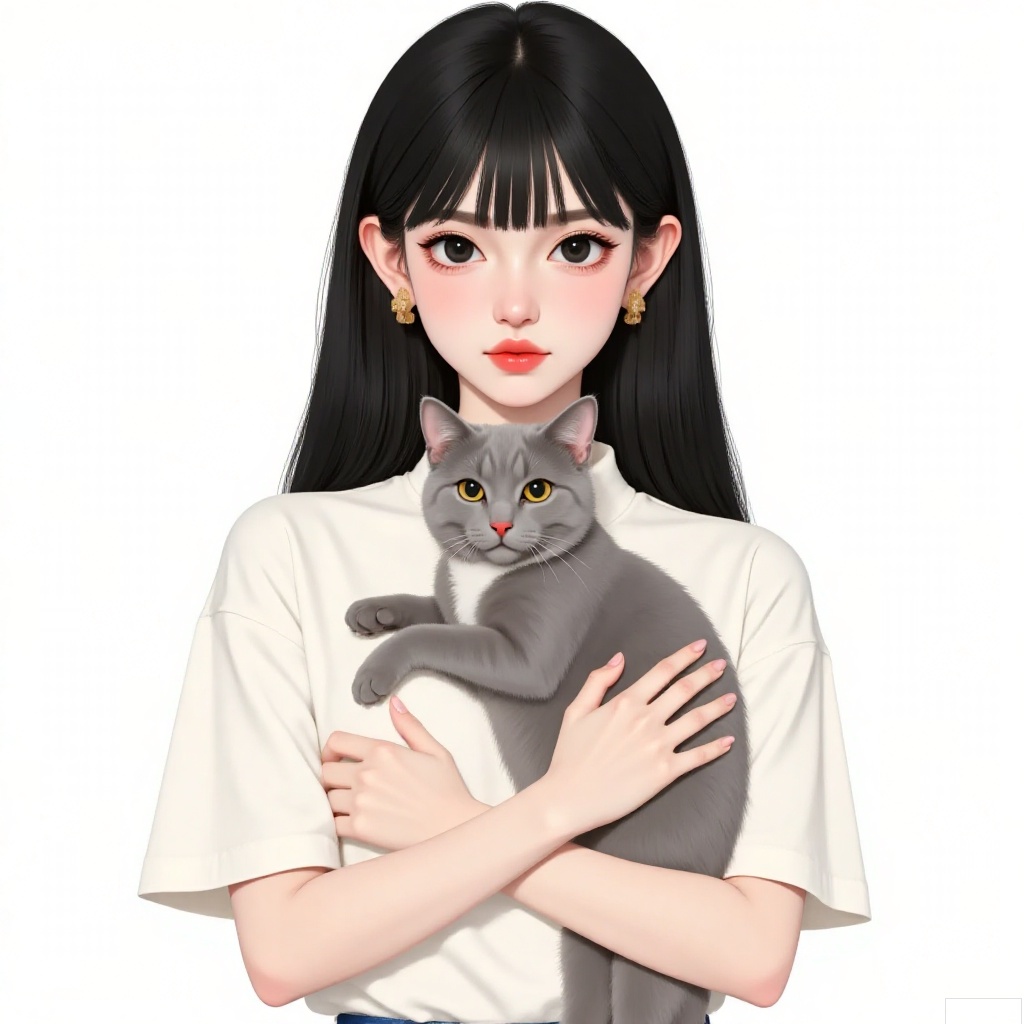 1girl, solo, long hair, looking at viewer, simple background, shirt, black hair, white background, holding, jewelry, closed mouth, white shirt, upper body, short sleeves, earrings, black eyes, lips, animal, cat, red lips, holding animal, holding cat