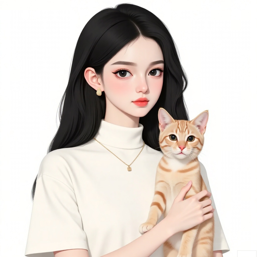 1girl, solo, long hair, looking at viewer, simple background, shirt, black hair, white background, holding, jewelry, closed mouth, white shirt, upper body, short sleeves, earrings, black eyes, lips, animal, cat, red lips, holding animal, holding cat