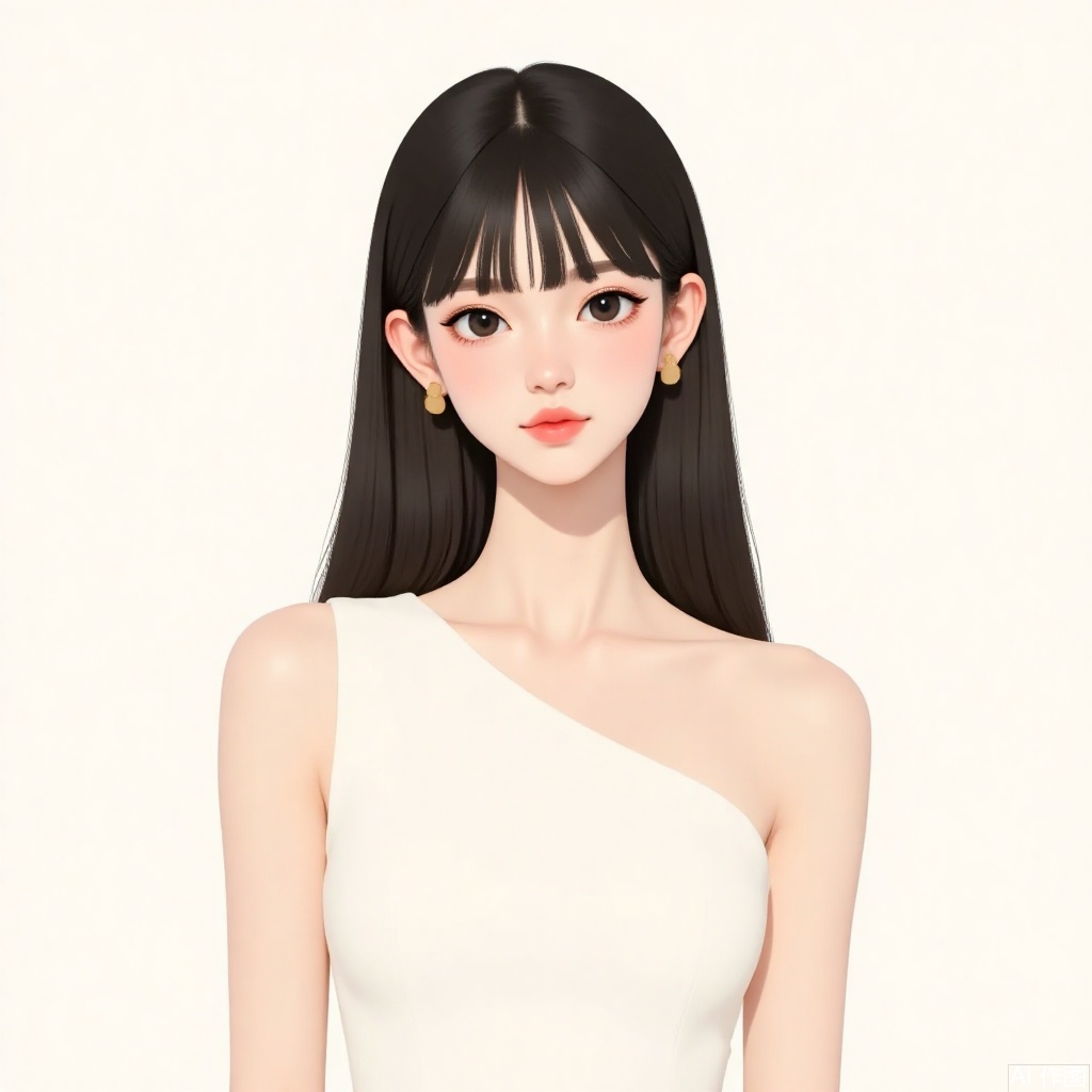 1girl, solo, breasts, looking at viewer, simple background, brown hair, black hair, white background, dress, bare shoulders, jewelry, upper body, earrings, parted lips, sleeveless, medium hair, white dress, black eyes, lips