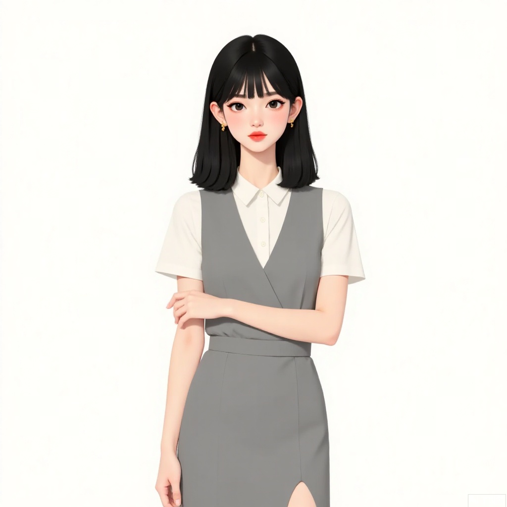 1girl, solo, looking at viewer, bangs, simple background, shirt, black hair, white background, dress, jewelry, closed mouth, standing, white shirt, short sleeves, cowboy shot, earrings, collared shirt, medium hair, black eyes, lips, hand on hip, makeup, lipstick, side slit, arm at side, red lips, grey dress