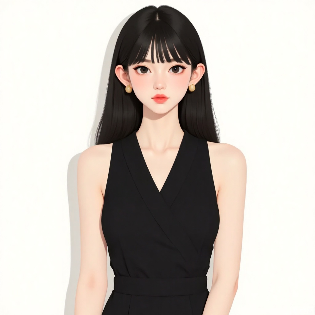 1girl, solo, long hair, looking at viewer, simple background, black hair, white background, dress, bare shoulders, jewelry, closed mouth, collarbone, upper body, earrings, sleeveless, black eyes, black dress, lips, makeup, sleeveless dress, crossed arms, red lips