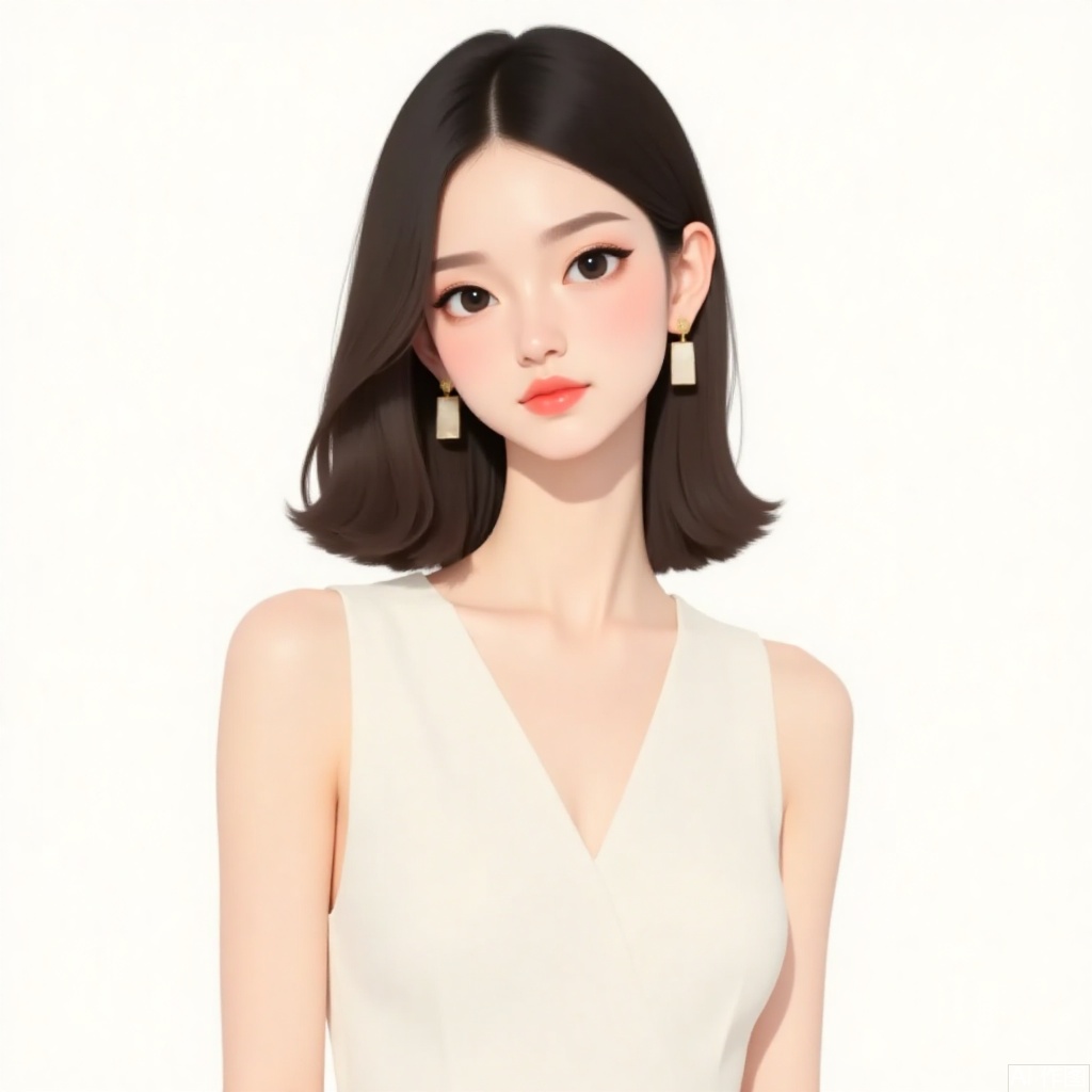 1girl, solo, breasts, looking at viewer, simple background, brown hair, black hair, white background, dress, bare shoulders, jewelry, upper body, earrings, parted lips, sleeveless, medium hair, white dress, black eyes, lips