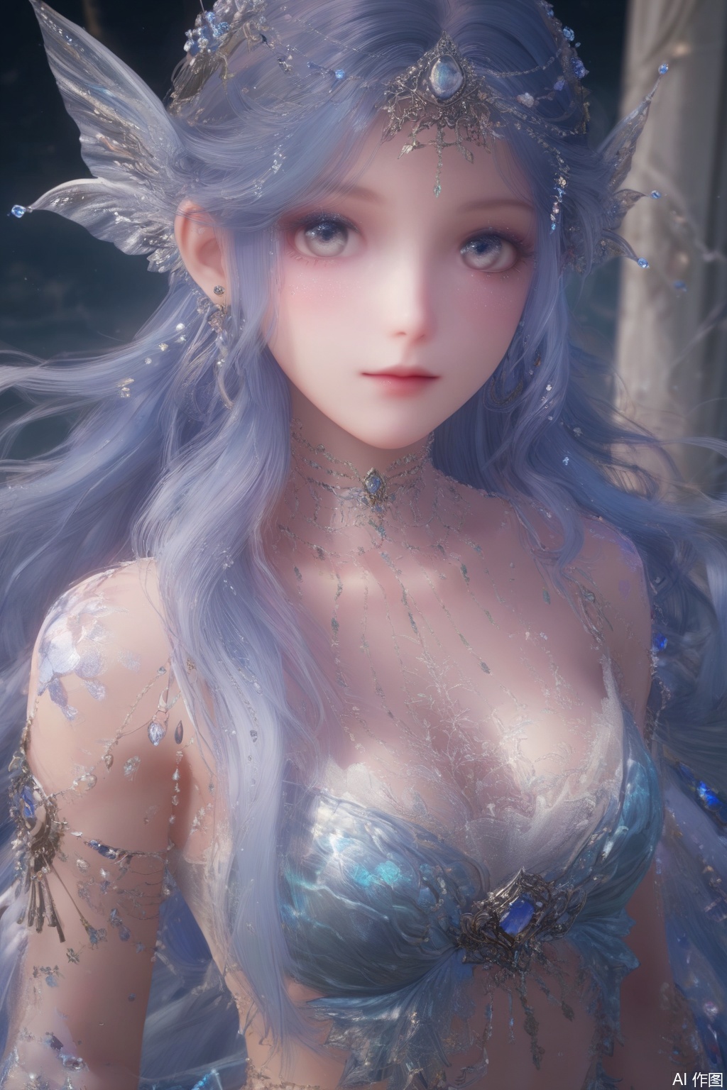 score_9,score_8_up,score_7_up,1girl,solo,long hair,breasts,looking at viewer,grey eyes,very long hair,necklace,earrings,hair ornament,dress,cleavage,jewelry,closed mouth,blue hair,upper body,earrings,gem,pillar