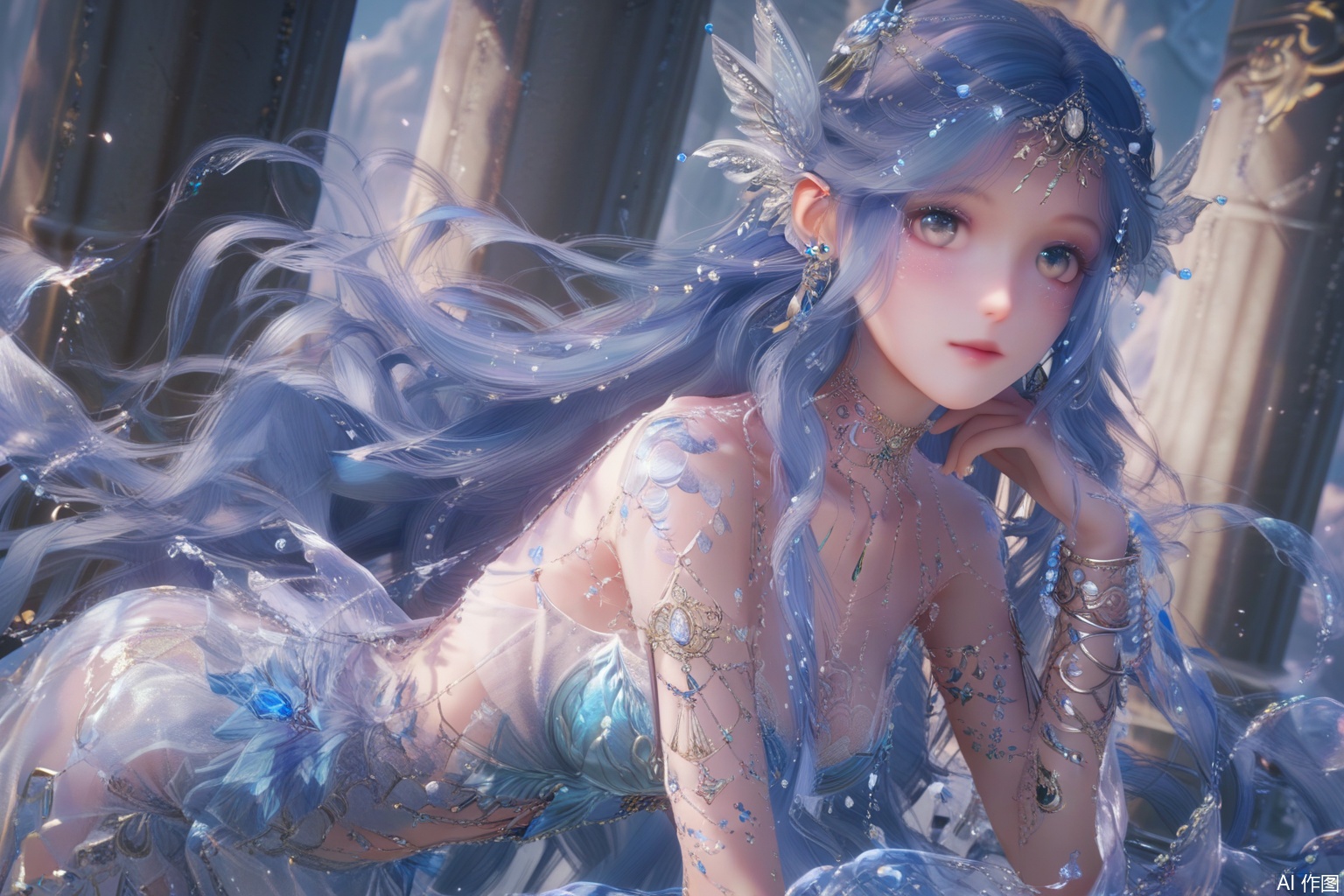 score_9,score_8_up,score_7_up,1girl,solo,long hair,breasts,looking at viewer,grey eyes,very long hair,necklace,earrings,hair ornament,dress,cleavage,jewelry,closed mouth,blue hair,earrings,gem,pillar,armlet,bent over,slime,