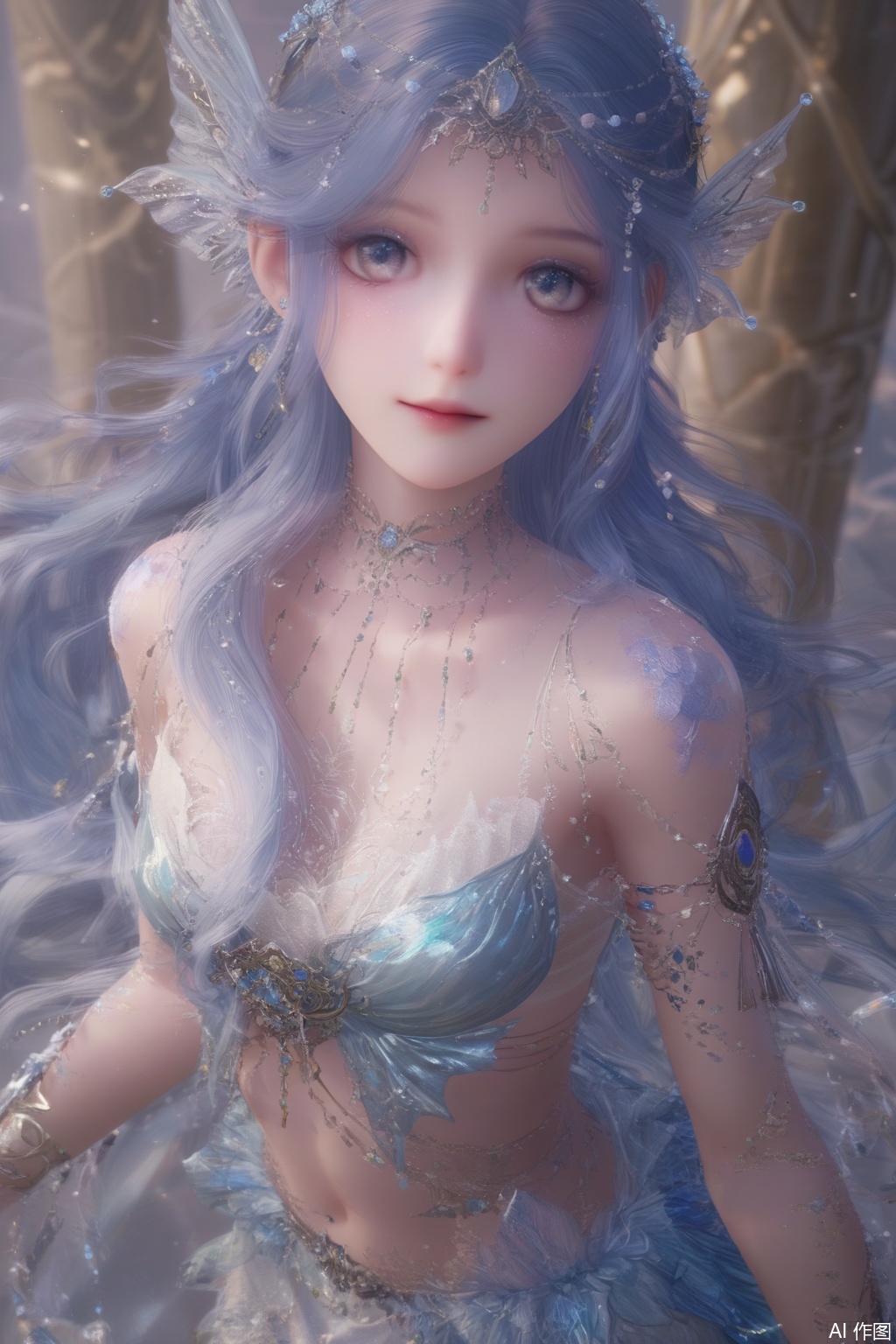 score_9,score_8_up,score_7_up,1girl,solo,long hair,breasts,looking at viewer,grey eyes,very long hair,necklace,earrings,hair ornament,dress,cleavage,jewelry,closed mouth,blue hair,earrings,gem,pillar,armlet,bent over
