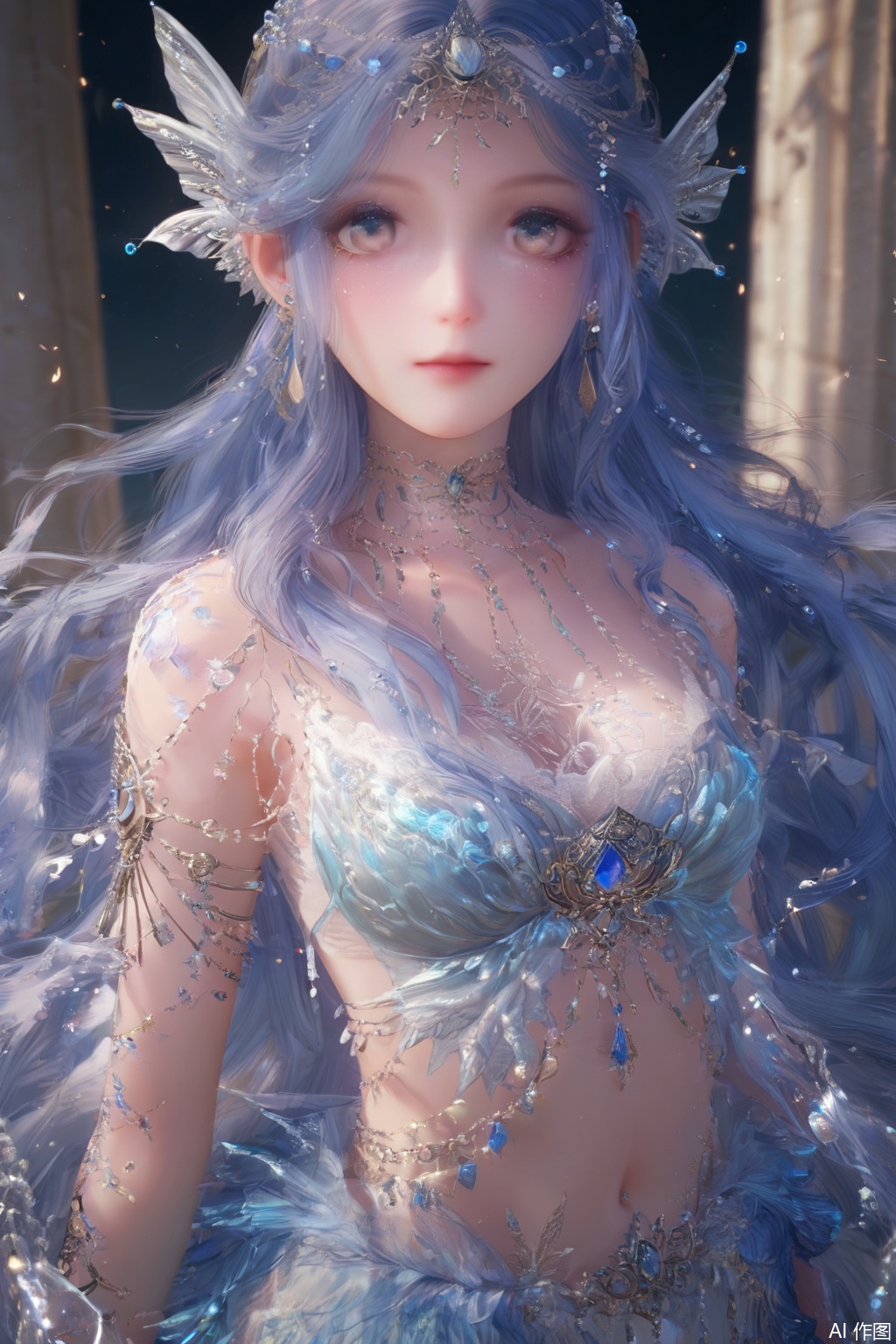 score_9,score_8_up,score_7_up,1girl,solo,long hair,breasts,looking at viewer,grey eyes,very long hair,necklace,earrings,hair ornament,dress,cleavage,jewelry,closed mouth,blue hair,earrings,gem,pillar,armlet,