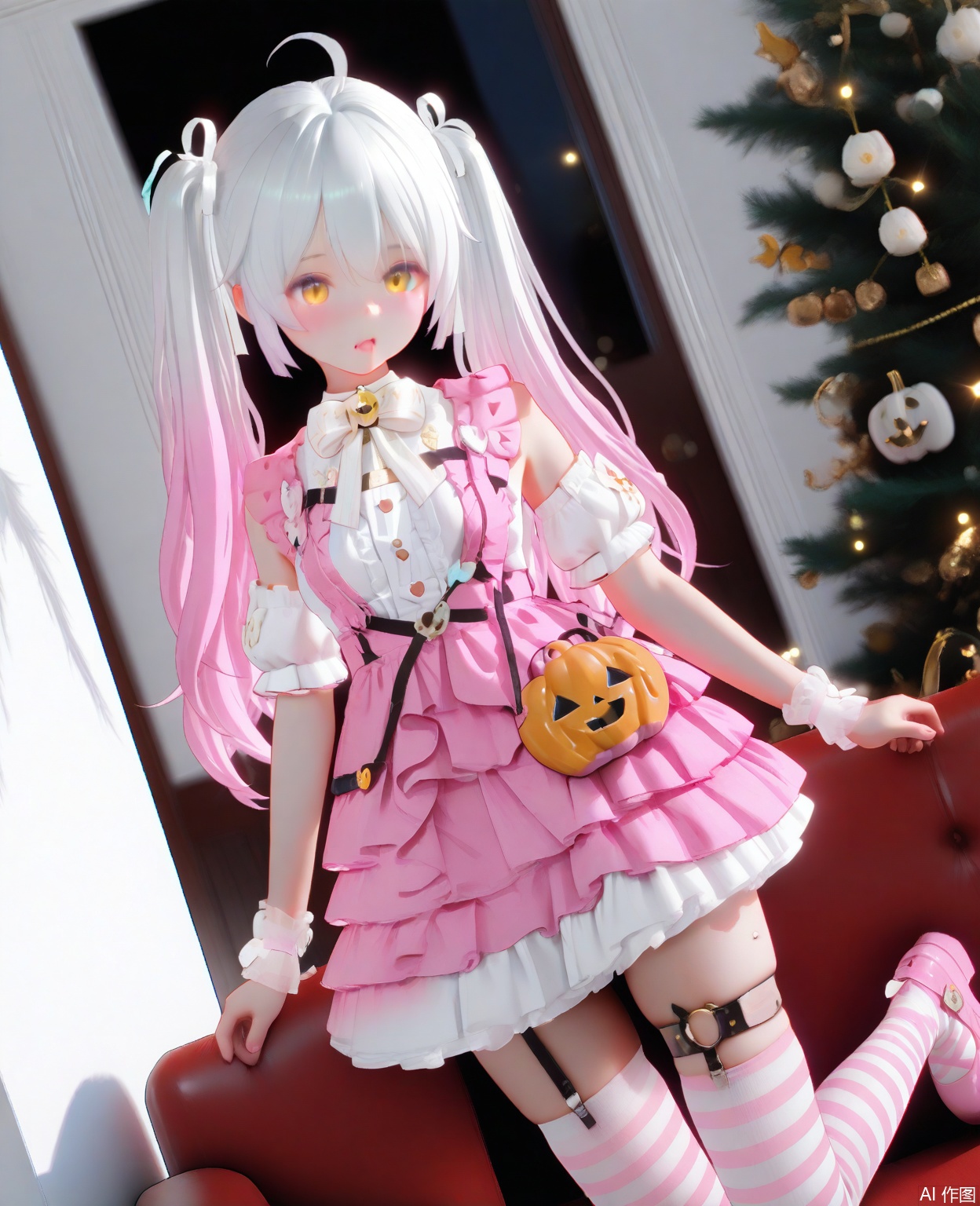 masterpiece,high quality,best quality,1loli,solo,,long hair,breasts,thighhighs,dress,bow,twintails,yellow eyes,pink hair,ahoge,white hair,short sleeves,multicolored hair,frills,detached sleeves,striped,puffy sleeves,jack-o'-lantern bag,white dress,puffy short sleeves,gradient hair,thigh strap,frilled dress,pink dress,striped thighhighs,pink Lolita shoes,jijou