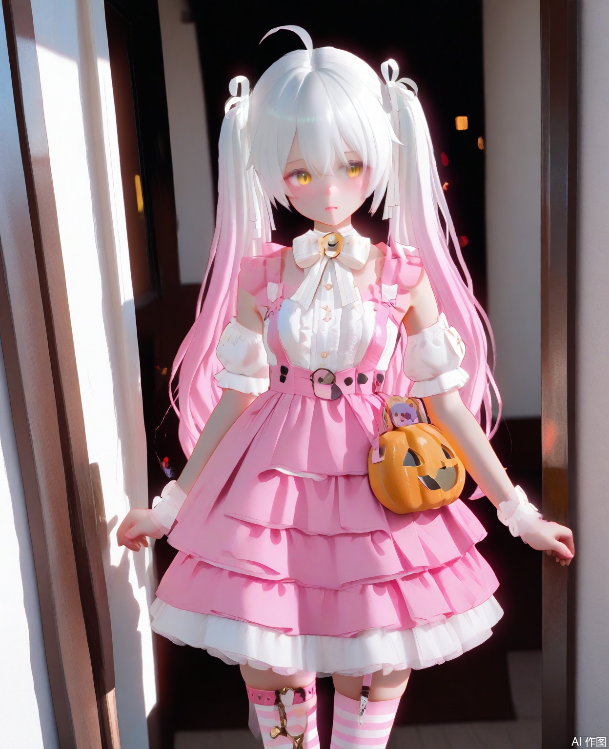 masterpiece,high quality,best quality,1loli,solo,,long hair,breasts,thighhighs,dress,bow,twintails,yellow eyes,pink hair,ahoge,white hair,short sleeves,multicolored hair,frills,detached sleeves,striped,puffy sleeves,jack-o'-lantern bag,white dress,puffy short sleeves,gradient hair,thigh strap,frilled dress,pink dress,striped thighhighs,pink Lolita shoes,jijou