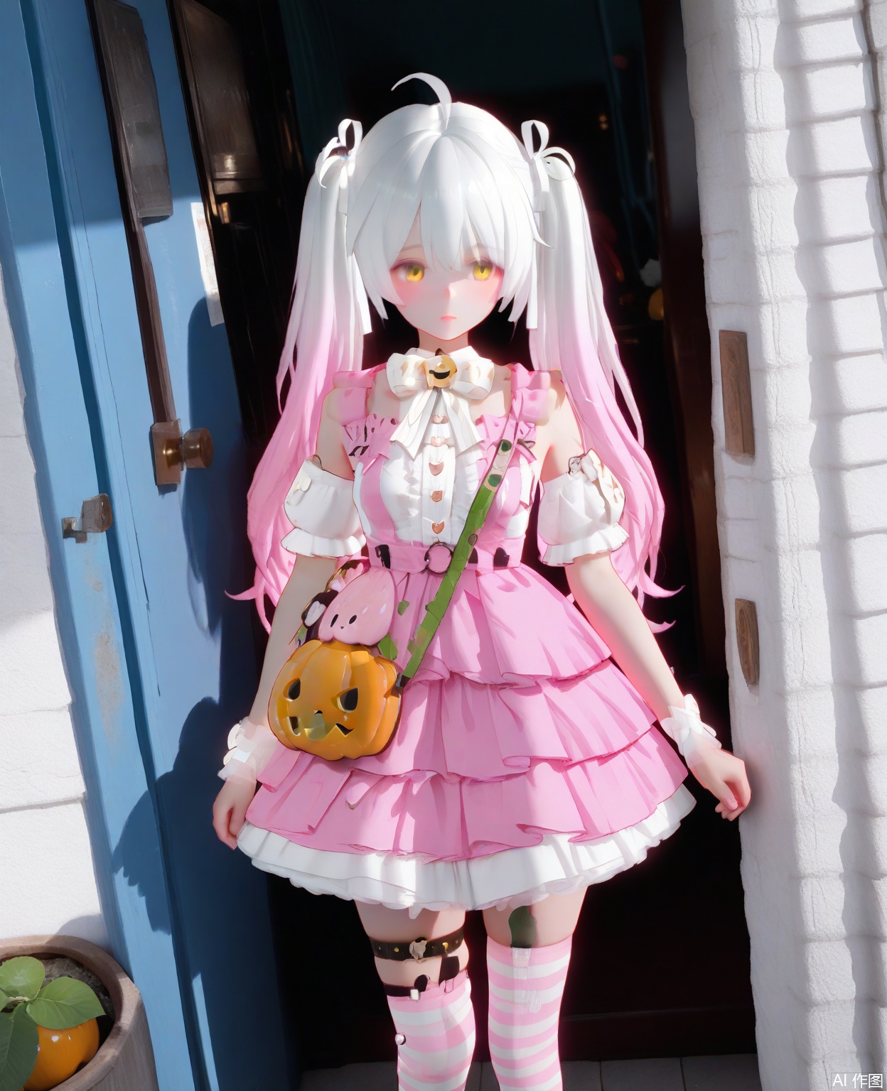 masterpiece,high quality,best quality,1loli,solo,,long hair,breasts,thighhighs,dress,bow,twintails,yellow eyes,pink hair,ahoge,white hair,short sleeves,multicolored hair,frills,detached sleeves,striped,puffy sleeves,jack-o'-lantern bag,white dress,puffy short sleeves,gradient hair,thigh strap,frilled dress,pink dress,striped thighhighs,pink Lolita shoes,jijou