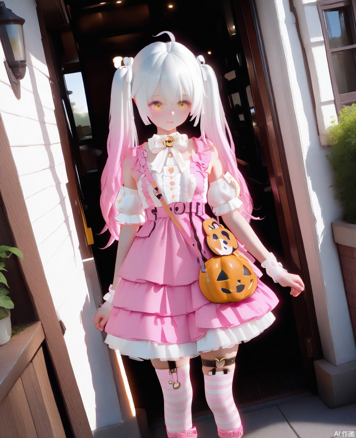 masterpiece,high quality,best quality,1loli,solo,,long hair,breasts,thighhighs,dress,bow,twintails,yellow eyes,pink hair,ahoge,white hair,short sleeves,multicolored hair,frills,detached sleeves,striped,puffy sleeves,jack-o'-lantern bag,white dress,puffy short sleeves,gradient hair,thigh strap,frilled dress,pink dress,striped thighhighs,pink Lolita shoes,jijou