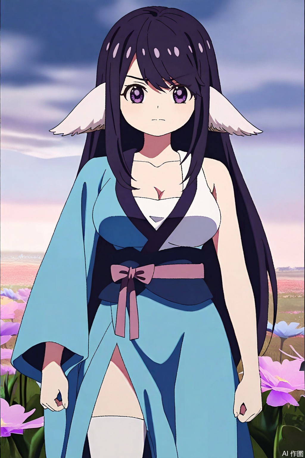 1girl, solo, long hair, breasts, looking at viewer, bangs, large breasts, black hair, animal ears, cleavage, closed mouth, purple eyes, collarbone, purple hair,japanese clothes, kimono, open kimono, single bare shoulder,Thigh exposed,thighhighs,looking at viewer,in a meadow,