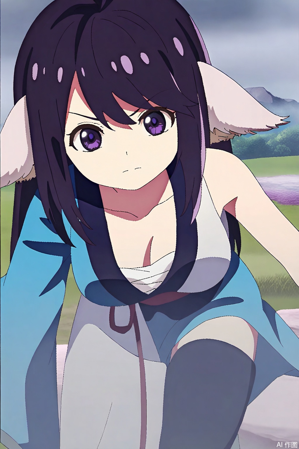 1girl, solo, long hair, breasts, looking at viewer, bangs, large breasts, black hair, animal ears, cleavage, closed mouth, purple eyes, collarbone, purple hair,japanese clothes, kimono, open kimono, single bare shoulder,Thigh exposed,thighhighs,looking at viewer,in a meadow,