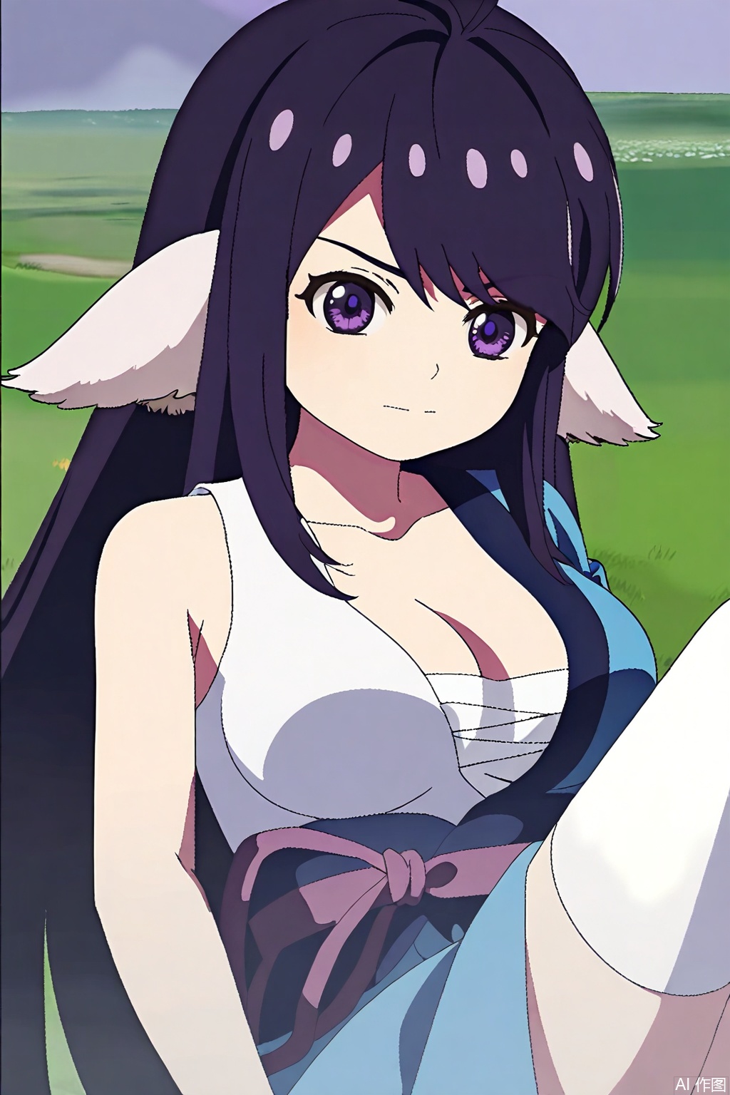 1girl, solo, long hair, breasts, looking at viewer, bangs, large breasts, black hair, animal ears, cleavage, closed mouth, purple eyes, collarbone, purple hair,japanese clothes, kimono, open kimono, single bare shoulder,Thigh exposed,thighhighs,looking at viewer,in a meadow,