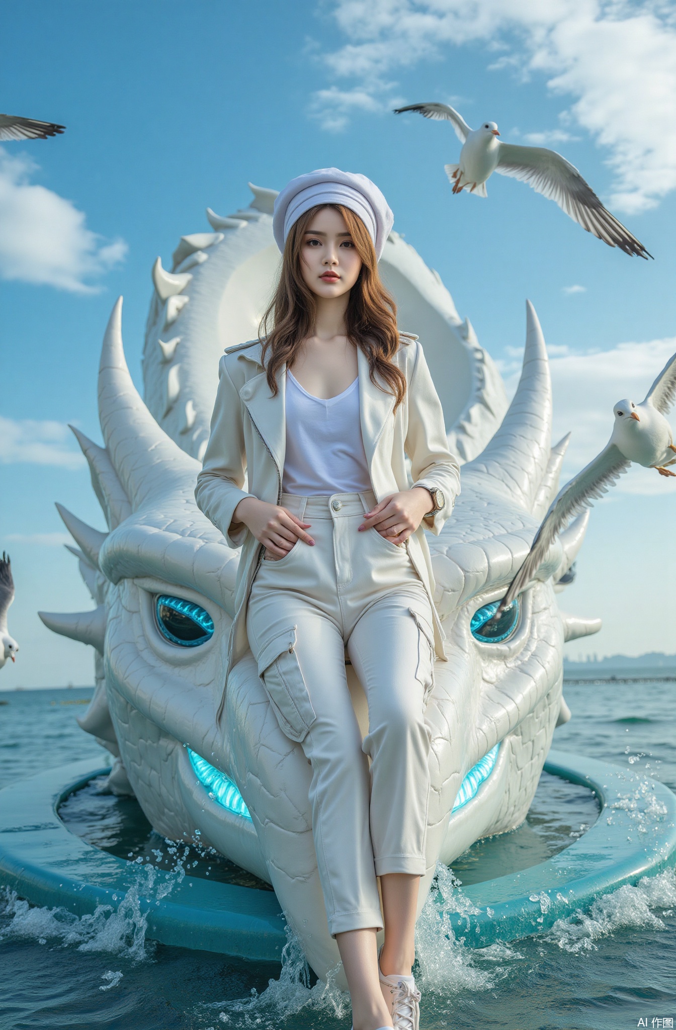 Very real and very detailed photo of a beautiful Korean girl who has fair skin tone, perfectly decorated face, long, wearing a turban in the sea breeze., wearing a white leather jacket accessories, knee-length white khaki pants with lots of pockets, white underwear, black watch and white shoes. Looking at the camera with a calm look, he sat on a very large giant dragon head with blue longan glowing, his mouth wide open, his fangs sharp and sharp, with an expression about to pounce on his prey.. A very large wavy blue cloudy sky. There are seagulls flying freely, nearby. Rippling water waves, real photos