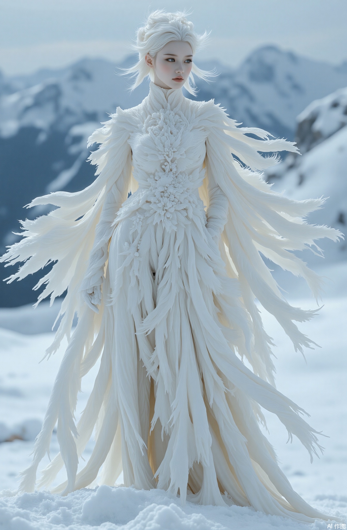  In a remote snowy mountain, a sexy beauty stands with a tough posture, her body covered by the white feathers of various snowy birds. These feathers stood firm in the cold wind, some as pure as snowflakes, and some as clear as ice crystals, decorating her body with the toughest attitude. Her face is cold and beautiful, as if she can overcome any severe cold. The whole photo is full of the realistic beauty of snowy mountains and tenacity. Prompt words: Remote snowy mountains, snow-covered birds covered with white feathers, standing firm in the cold wind, as pure as snowflakes, as clear as ice crystals, tough posture, cold and beautiful face, overcoming the severe cold, snowy mountains are tough, realistic beauty.