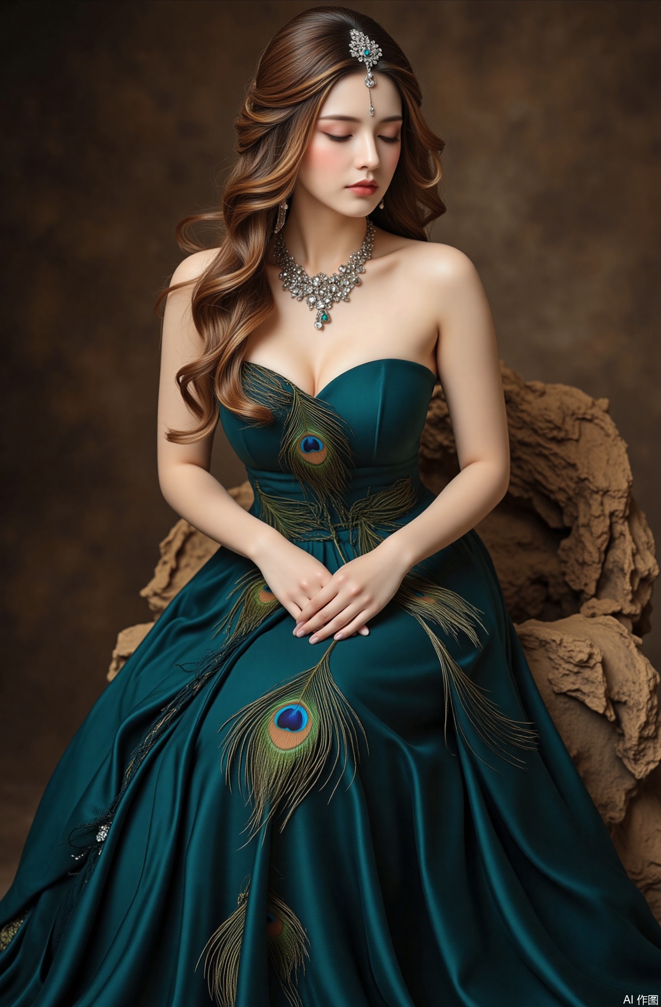 1woman, solo, peacock feather, evening gown, forehead jewel, full - bust, backless design, elegant evening gown, necklace, backless, eyes closed in thought, breast curve, bare back, wavy hair, hair clip with a gem, facial jewel, own hands folded on lap, brooch, sitting on a stool, softly - lit, ballroom, golden - brown hair, softly - lit background, ample bust, shoulder - blade, closed lips, facing front - slightly down, depth of field, curled eyelashes, hair over both shoulders, blue - green peacock feather,