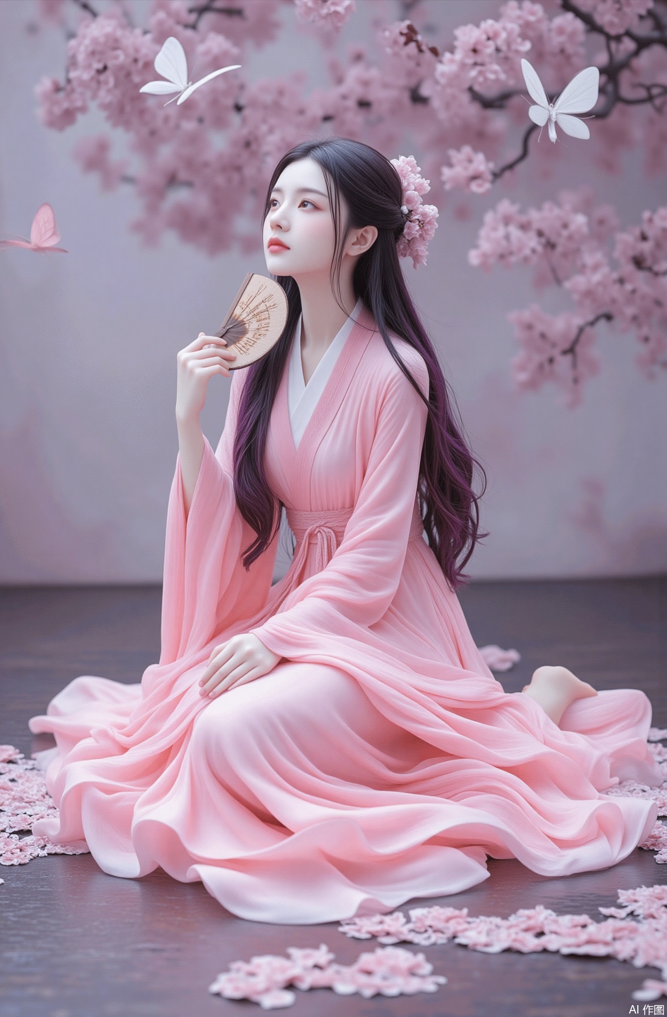 1girl, solo, butterfly, kimono, temple mark, slender waist, obi - sash, traditional kimono, hairpin, wide - sleeved, eyes looking upwards, waistline, bare feet, long - straight hair, hair comb, facial mark, own hands holding a fan, toe - rings, kneeling, dreamy, cherry blossoms, dark - purple hair, dreamy background, small waist, instep, closed mouth, facing slightly up - front, depth of field, eyelashes, hair flowing down, white butterfly, pink kimono, pale - pink lips