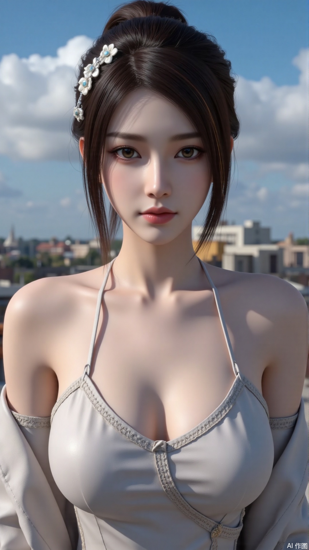 Very detailed face, extremely detailed eyes and face, blue eyes, (vacuum), 8K wallpaper, light leak, beautiful and detailed girl, extremely detailed CGUnity8K wallpaper, an extremely detailed and beautiful, beautiful and detailed eyes, masterpiece, best quality, Real photo level, (frontal shooting panoramic perspective), ( (Full body photo)), dynamic angle, dynamic pose, solo, ancient style silver hairpin with petals, blue sky and white clouds, (C cup), (huge round breasts), slender legs, super good figure, stunning beauty, (whole body in the mirror) , (wearing Lolita nightgown), (light reflects the shadow of the body through the clothes),vacuum,bare and smooth