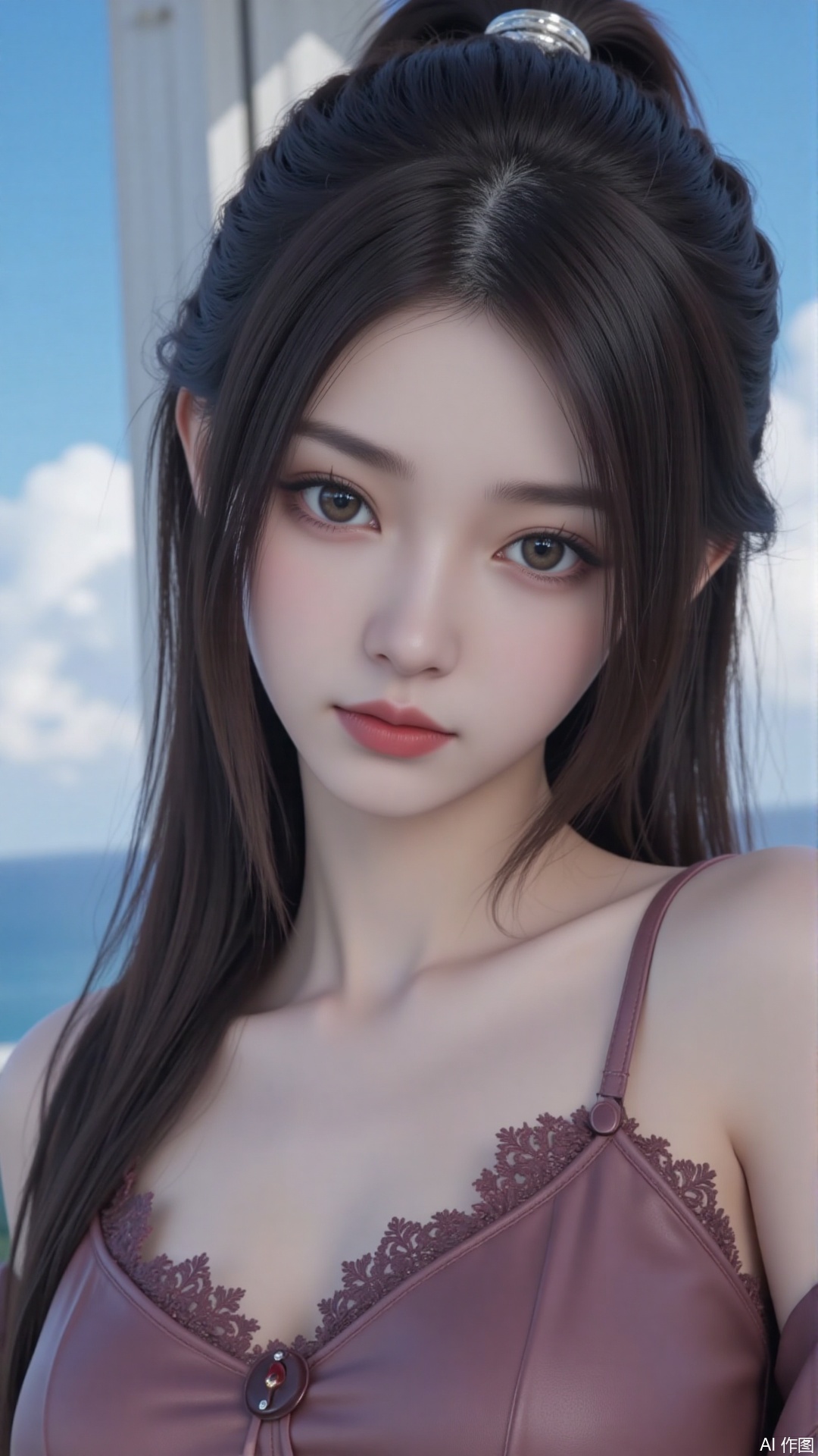 Very detailed face, extremely detailed eyes and face, blue eyes, (vacuum), 8K wallpaper, light leak, beautiful and detailed girl, extremely detailed CGUnity8K wallpaper, an extremely detailed and beautiful, beautiful and detailed eyes, masterpiece, best quality, Real photo level, (frontal shooting panoramic perspective), ( (Full body photo)), dynamic angle, dynamic pose, solo, ancient style silver hairpin with petals, blue sky and white clouds, (C cup), (huge round breasts), slender legs, super good figure, stunning beauty, (whole body in the mirror) , (wearing Lolita nightgown), (light reflects the shadow of the body through the clothes),vacuum,bare and smooth