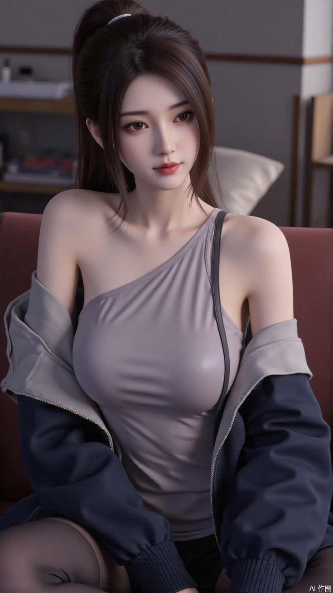 1girl, solo, long hair, looking at viewer, smile, sitting, collarbone, off shoulder, sweater, messy hair, realistic