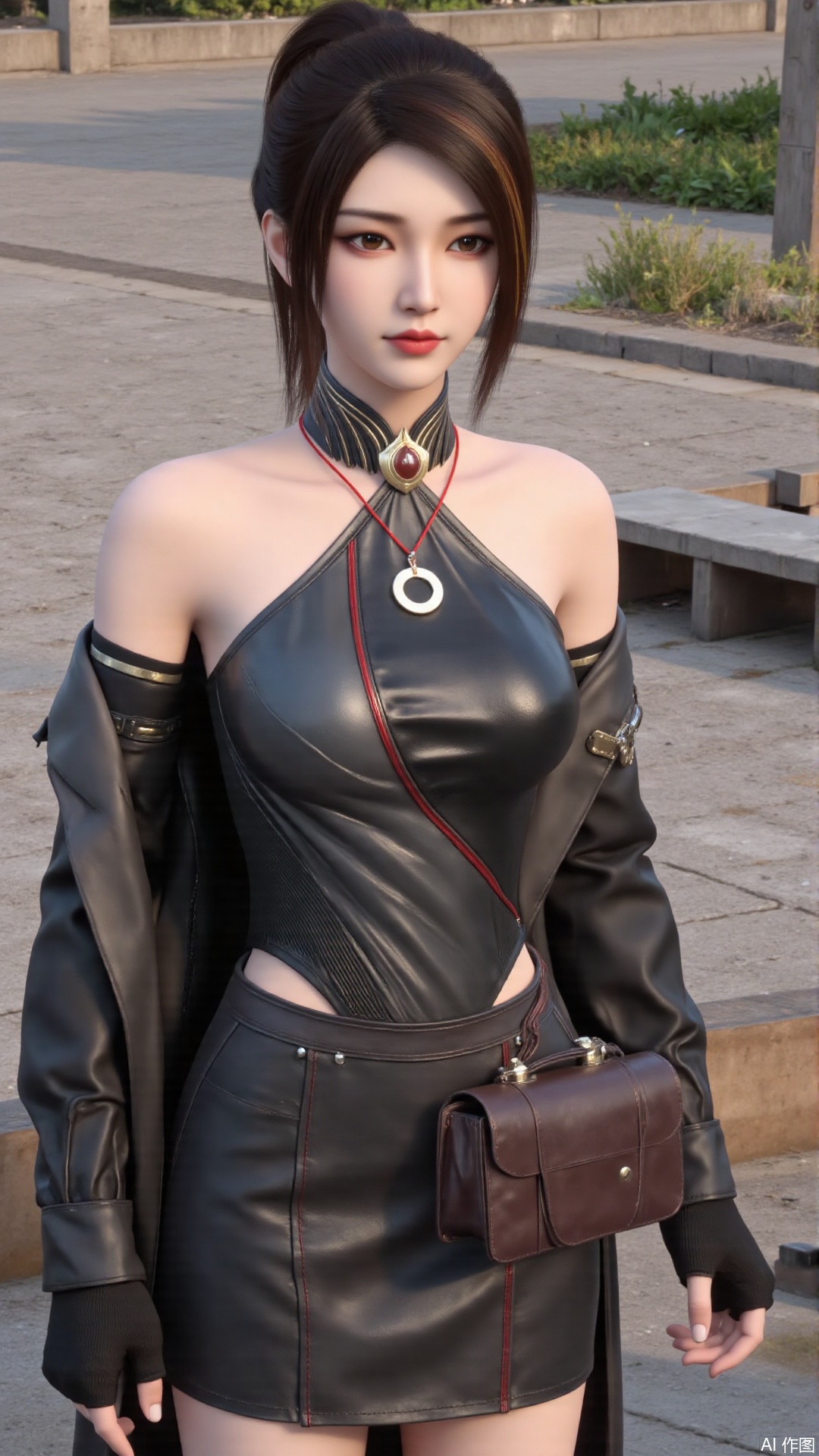 masterpiece,best quality,1girl, solo, brown hair, jewelry, jacket, breasts, brown eyes, lips, leotard, multicolored hair, bare shoulders, cowboy shot