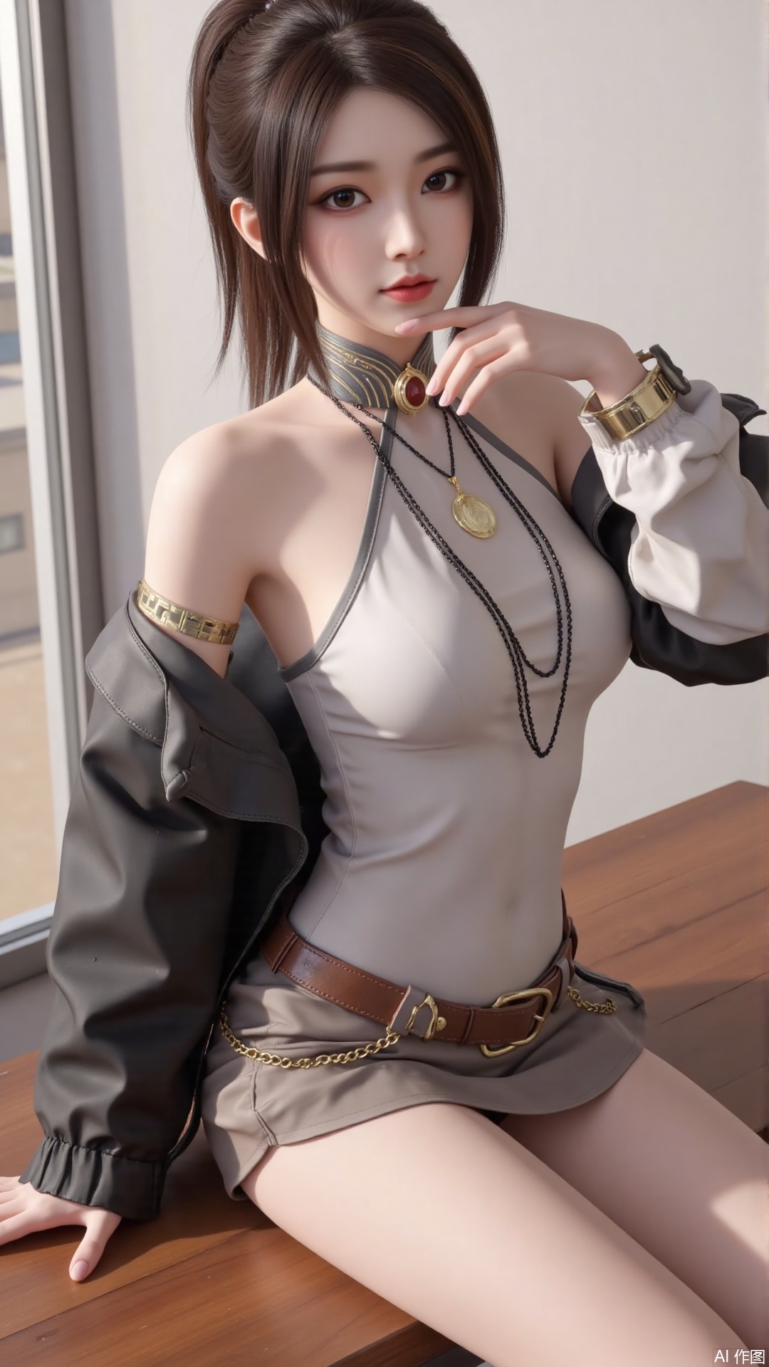 masterpiece,best quality,1girl, solo, brown hair, jewelry, jacket, breasts, brown eyes, lips, leotard, multicolored hair, bare shoulders, sitting