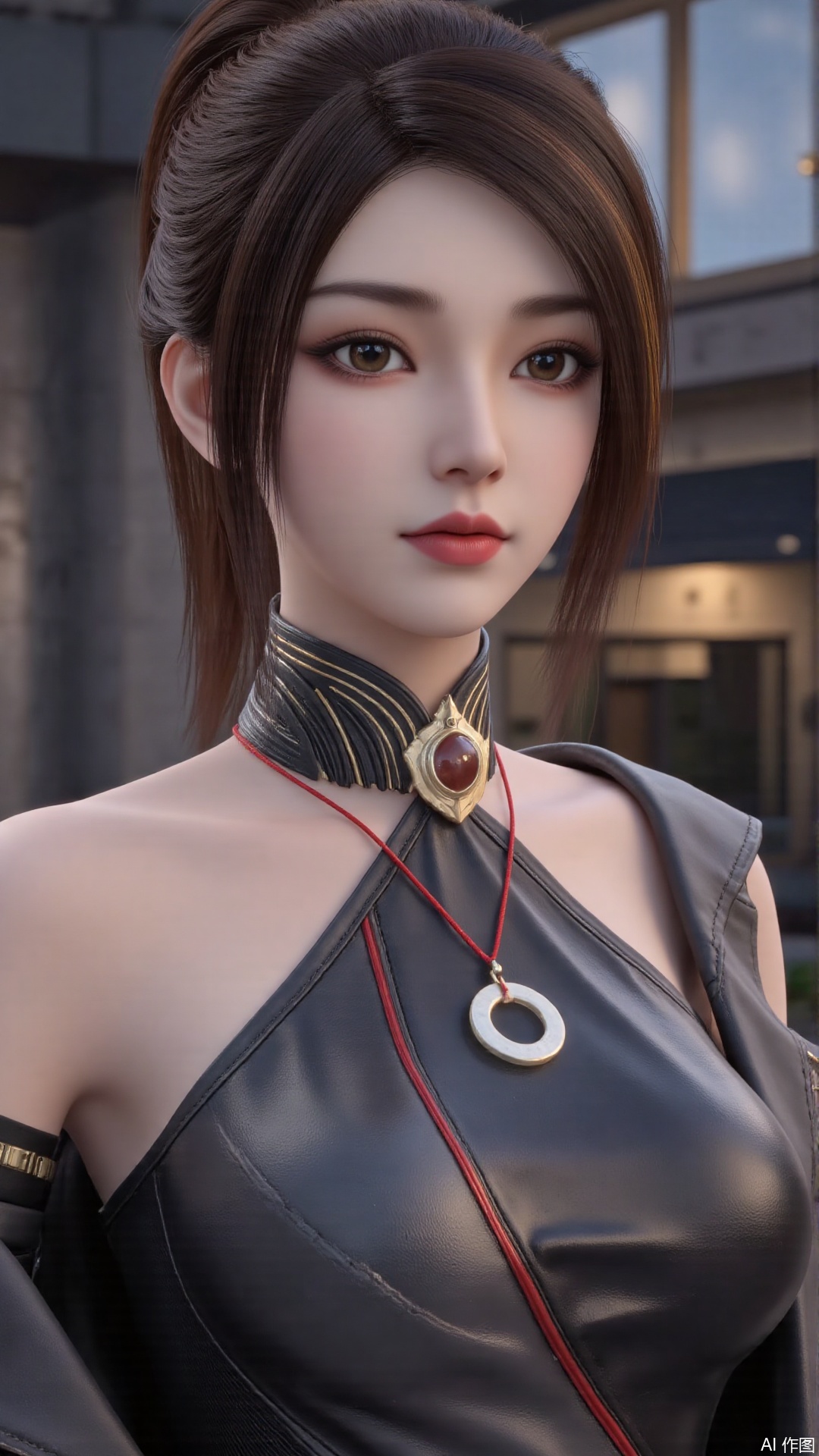 masterpiece,best quality,1girl, solo, brown hair, jewelry, jacket, breasts, brown eyes, lips, leotard, multicolored hair, bare shoulders, cowboy shot