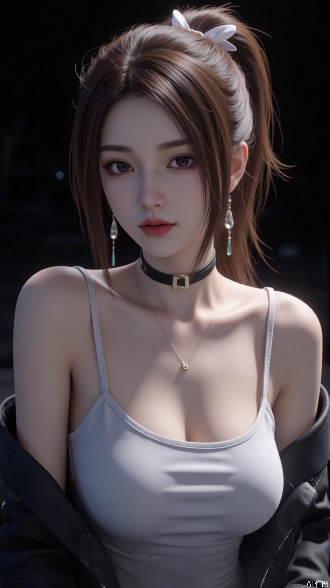 1girl, solo, long hair, red lips,looking at viewer, upper body, glowing hair,hair ornament,white sling shirt,bare shoulders,in water,hair bun,ribbon,earrings,black background,light,dark background