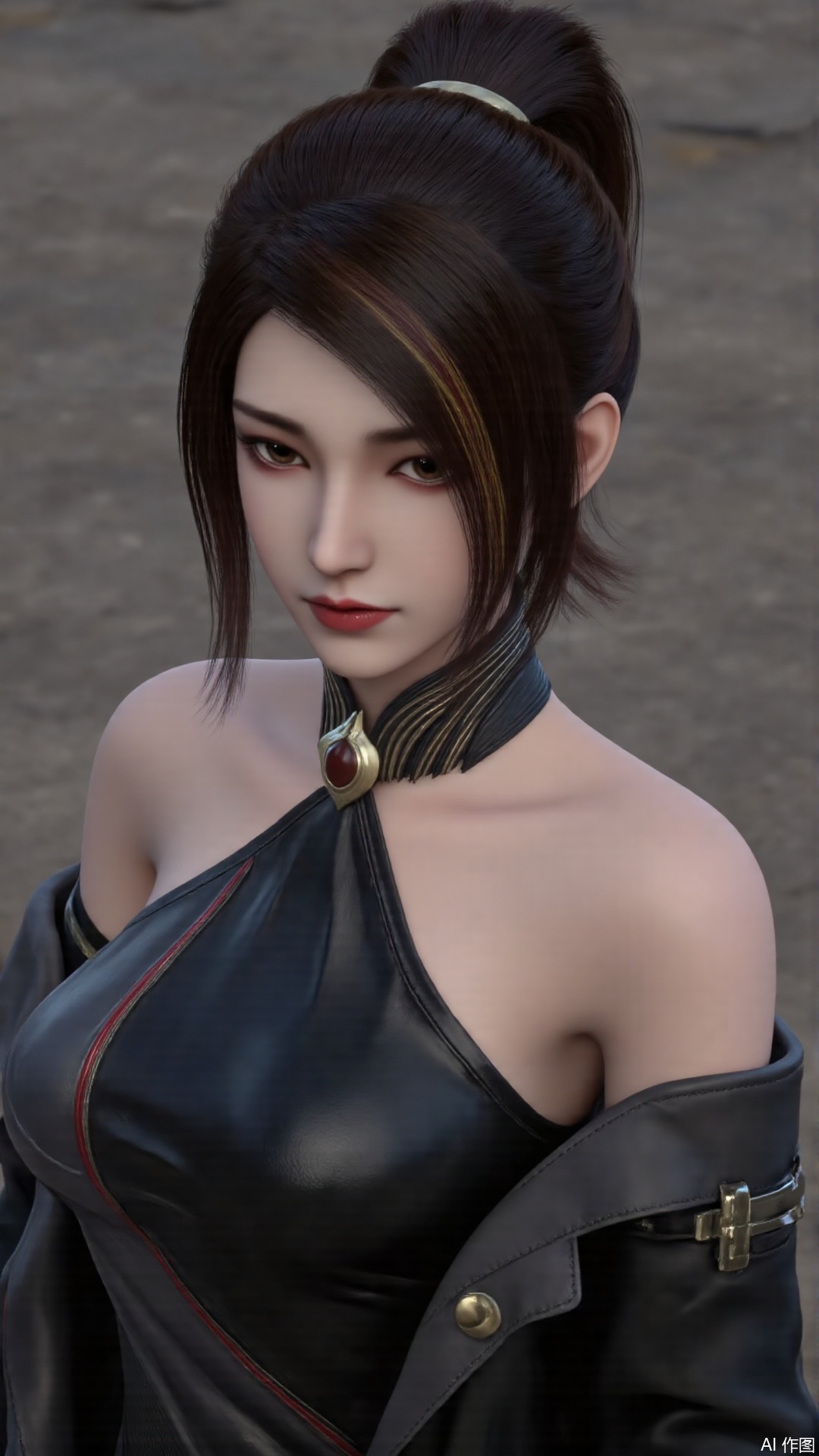 masterpiece,best quality,1girl, solo, brown hair, jewelry, jacket, breasts, brown eyes, lips, leotard, multicolored hair, bare shoulders, cowboy shot