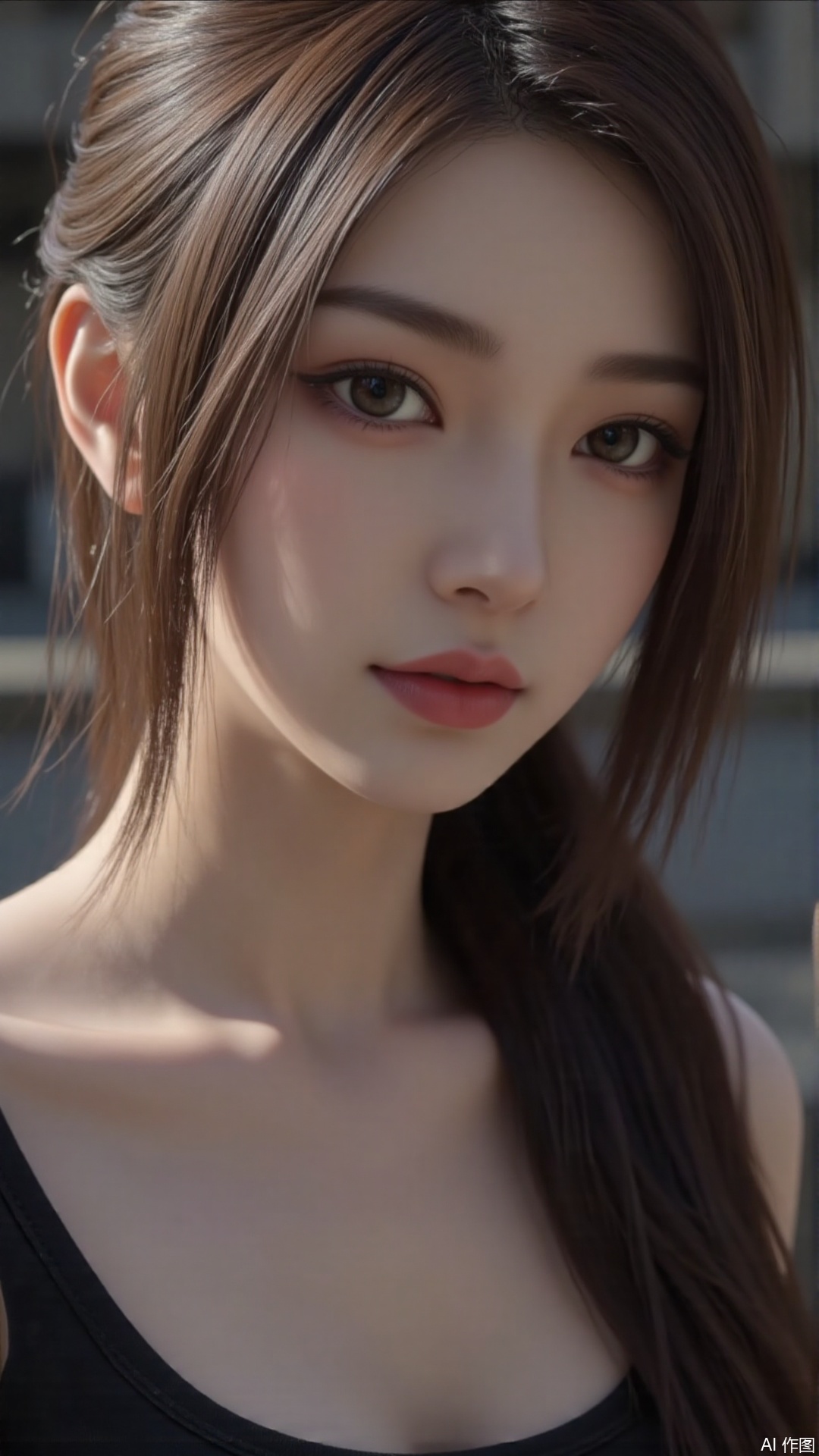  a asian woman, sexy long hair, blue eyes, charming and seductive temperament, distant close-up, golden ratio, movie texture, minimalism, high-end feeling, strong contrast between cold and warm, outdoor scenes, 