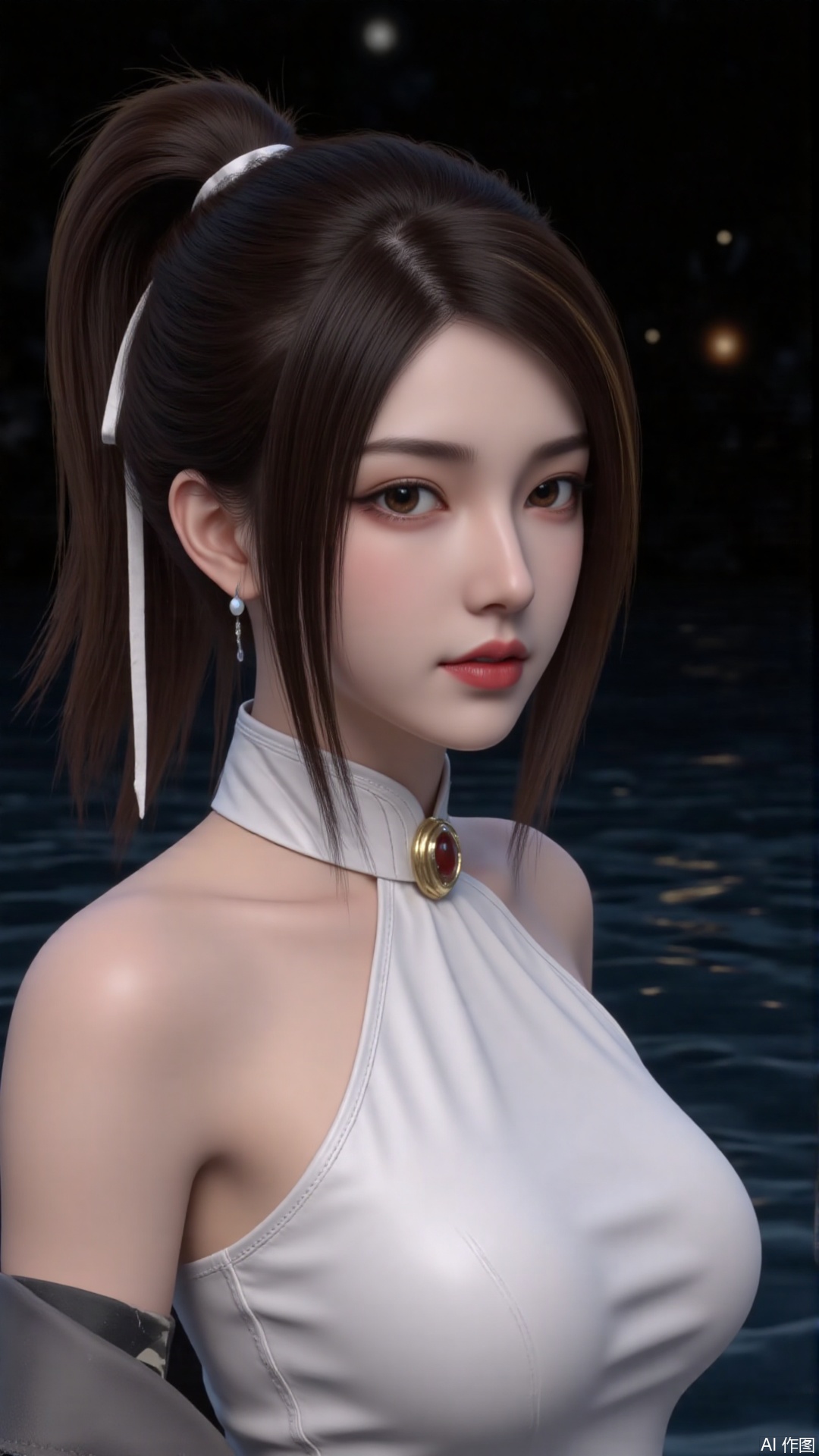 1girl, solo, long hair, red lips,looking at viewer, upper body, glowing hair,hair ornament,white sling shirt,bare shoulders,in water,hair bun,ribbon,earrings,black background,light,dark background