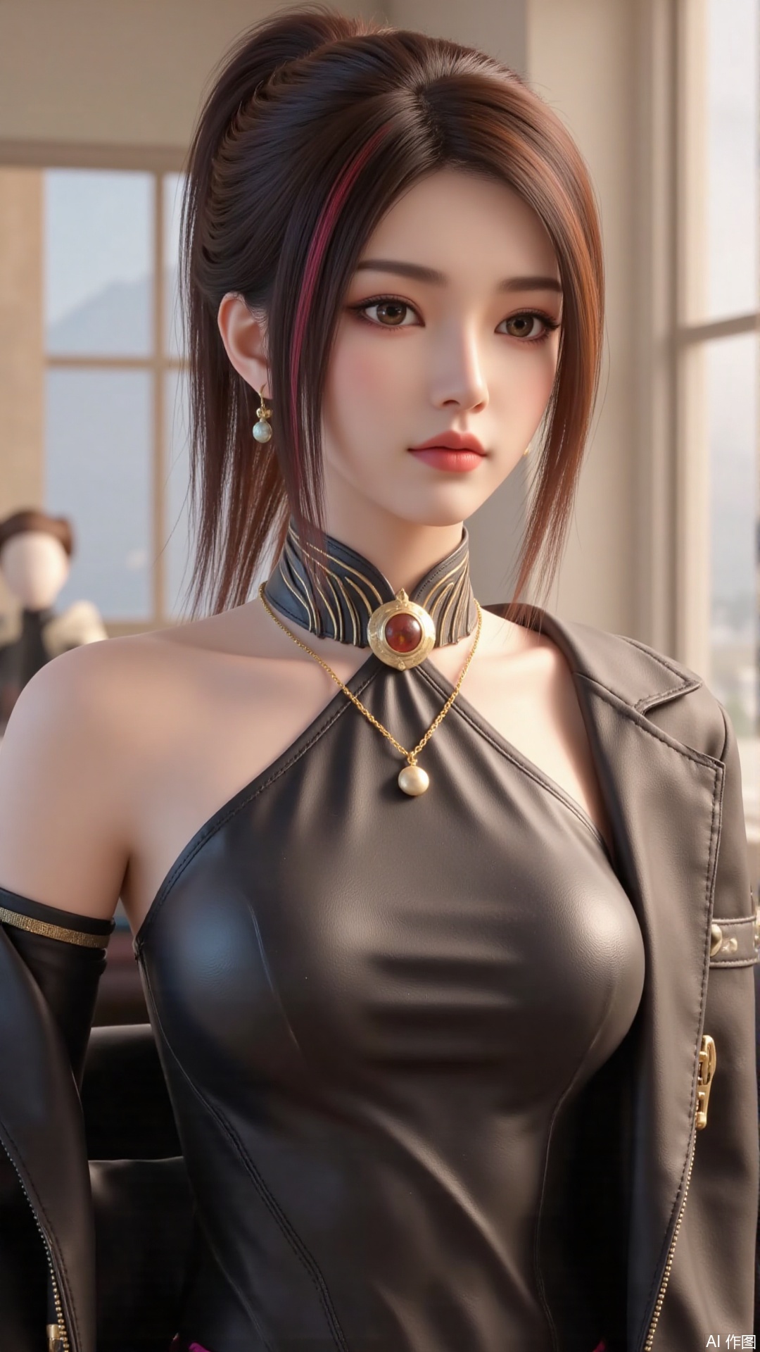 masterpiece,best quality,1girl, solo, brown hair, jewelry, jacket, breasts, brown eyes, lips, leotard, multicolored hair, bare shoulders, cowboy shot