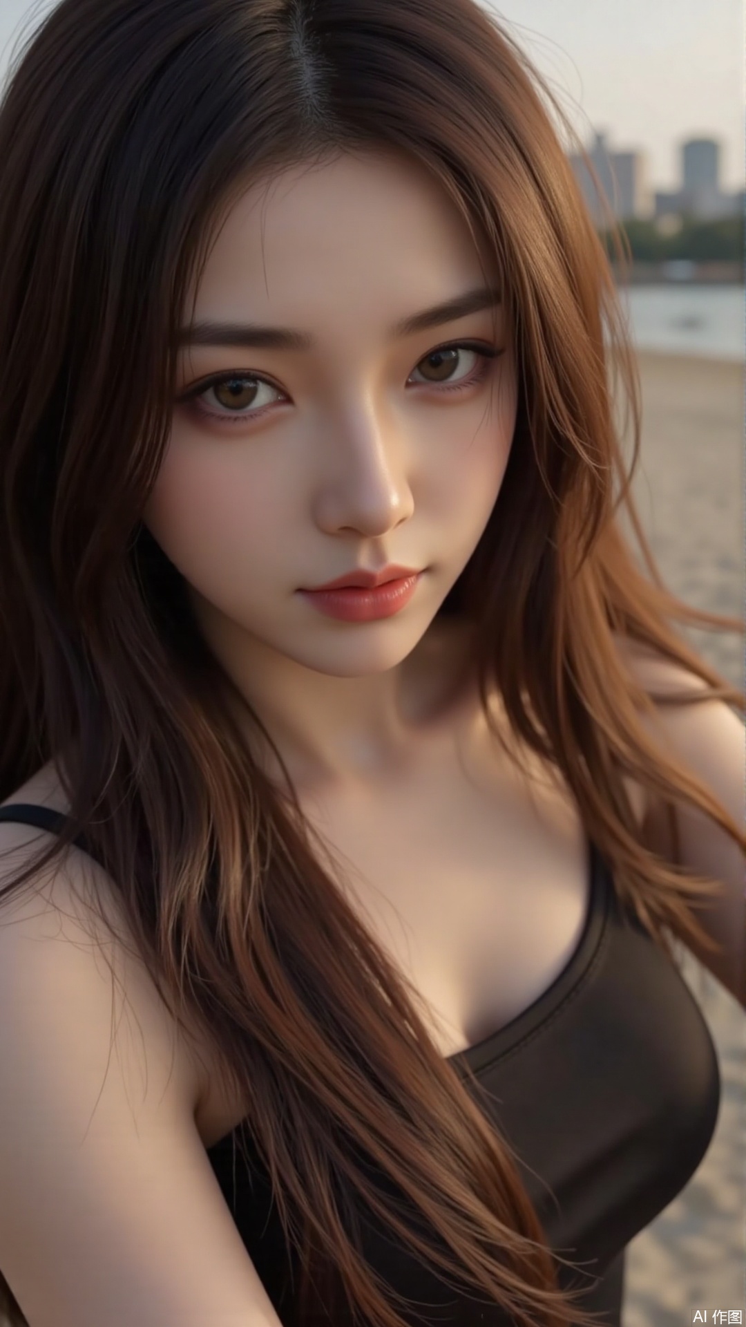  a asian woman, sexy long hair, blue eyes, charming and seductive temperament, distant close-up, golden ratio, movie texture, minimalism, high-end feeling, strong contrast between cold and warm, outdoor scenes, 