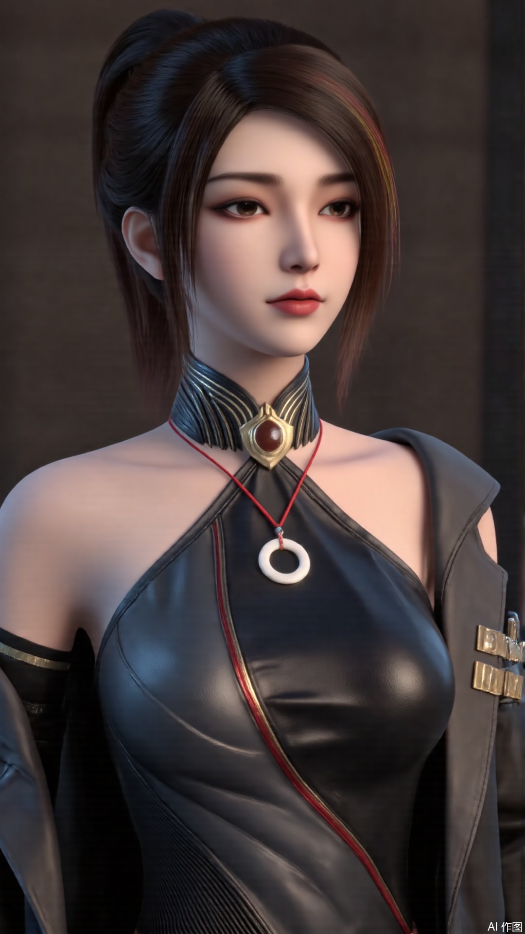 masterpiece,best quality,1girl, solo, brown hair, jewelry, jacket, breasts, brown eyes, lips, leotard, multicolored hair, bare shoulders, sitting