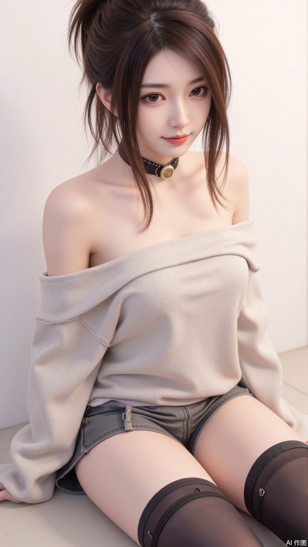 1girl, solo, long hair, looking at viewer, smile, sitting, collarbone, off shoulder, sweater, messy hair, realistic