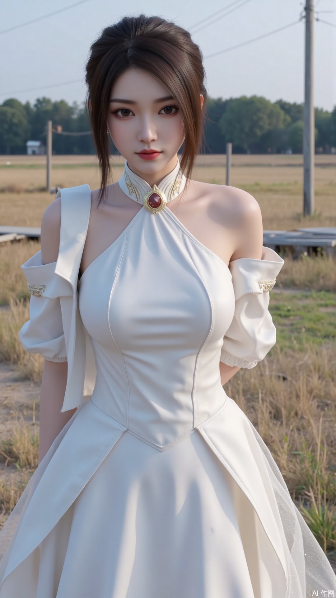 1girl, white wedding dress,looking at viewer, mischevious smile, perfect body, scenery, sharp focus, best quality, masterpiece, detailed outfit, illustration, perfect eyes, finely detailed beautiful anime eyes, realistic skin, intricate details, best lighting, depth of field, ultra high resolution, cowboy_shot, bride