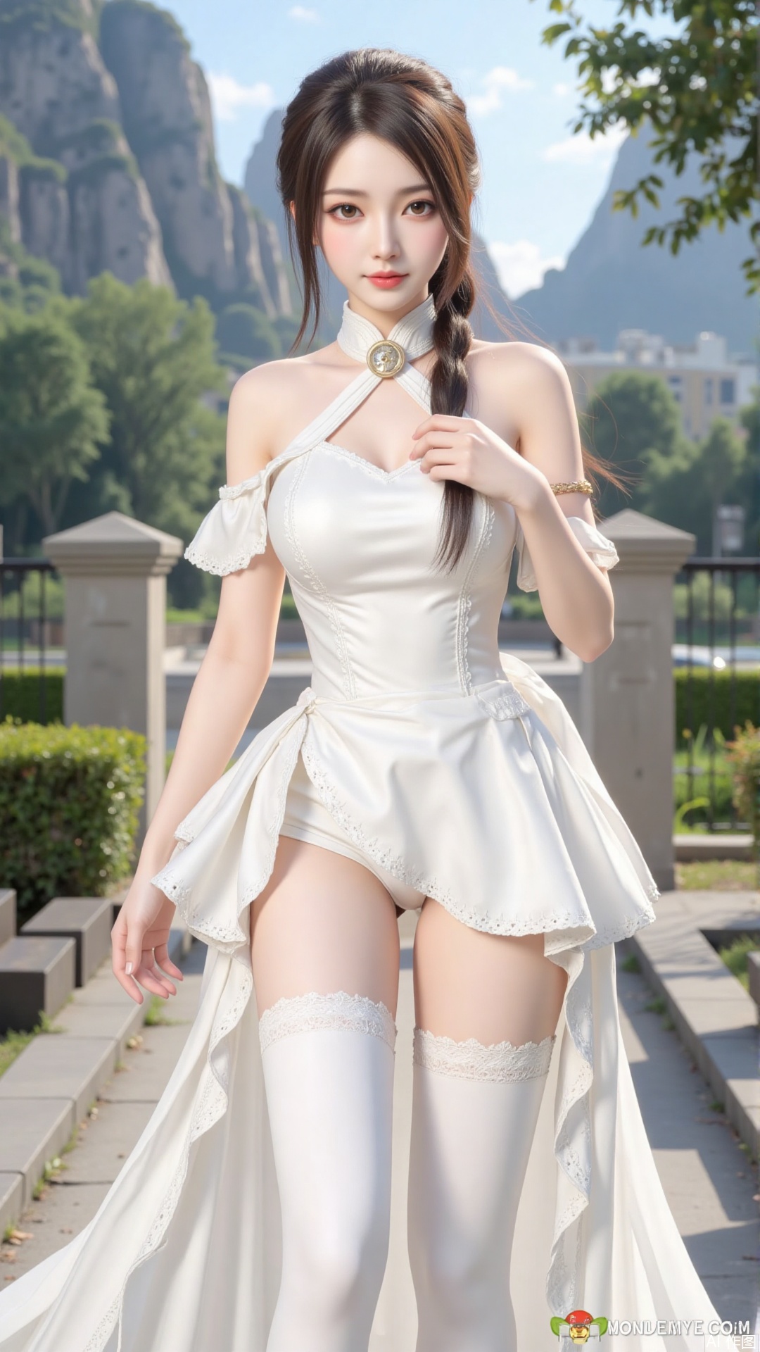 1girl, white wedding dress,looking at viewer, mischevious smile, perfect body, scenery, sharp focus, best quality, masterpiece, detailed outfit, illustration, perfect eyes, finely detailed beautiful anime eyes, realistic skin, intricate details, best lighting, depth of field, ultra high resolution, cowboy_shot, bride