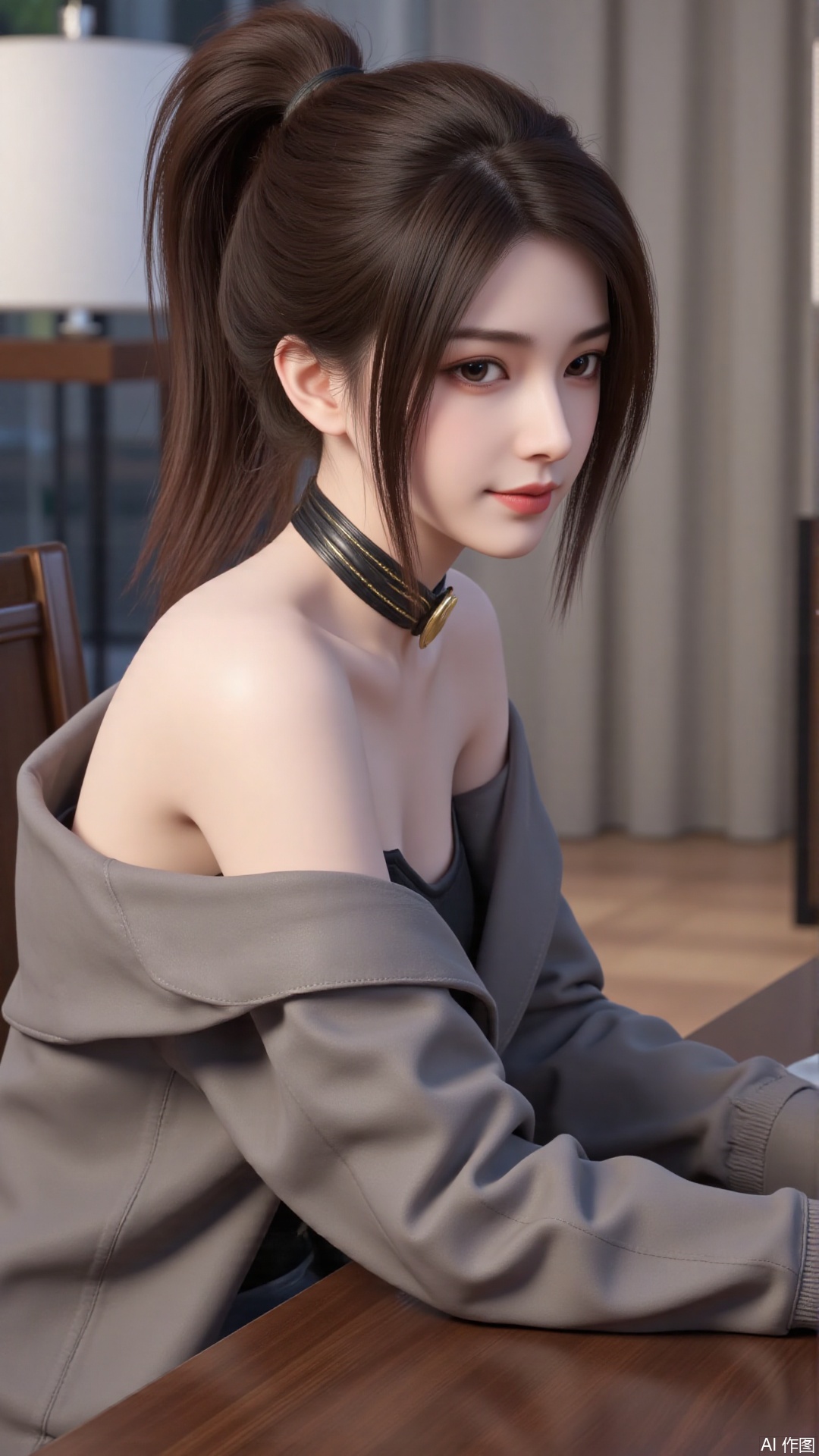 1girl, solo, long hair, looking at viewer, smile, sitting, collarbone, off shoulder, sweater, messy hair, realistic